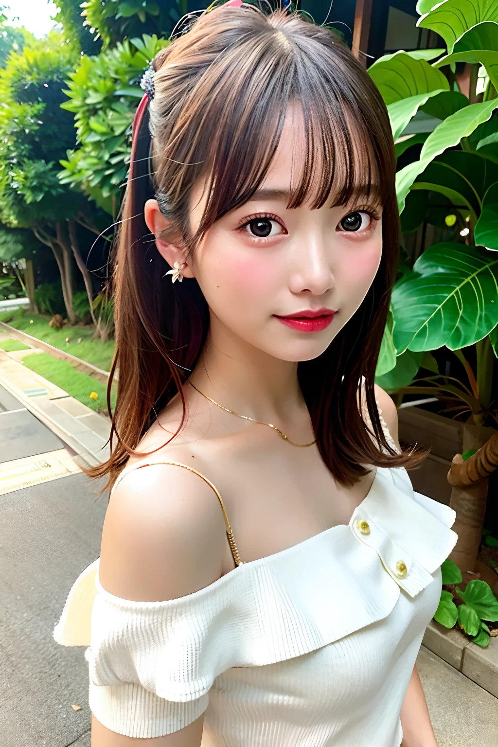 Fashionable photos, editorial photo, 1 Girl Solo, Pretty little girl face, Wearing a ruffled off-shoulder knitted blouse, Japanese Models, 25 years old, No makeup, middlebreasts, At Pineapple Farm