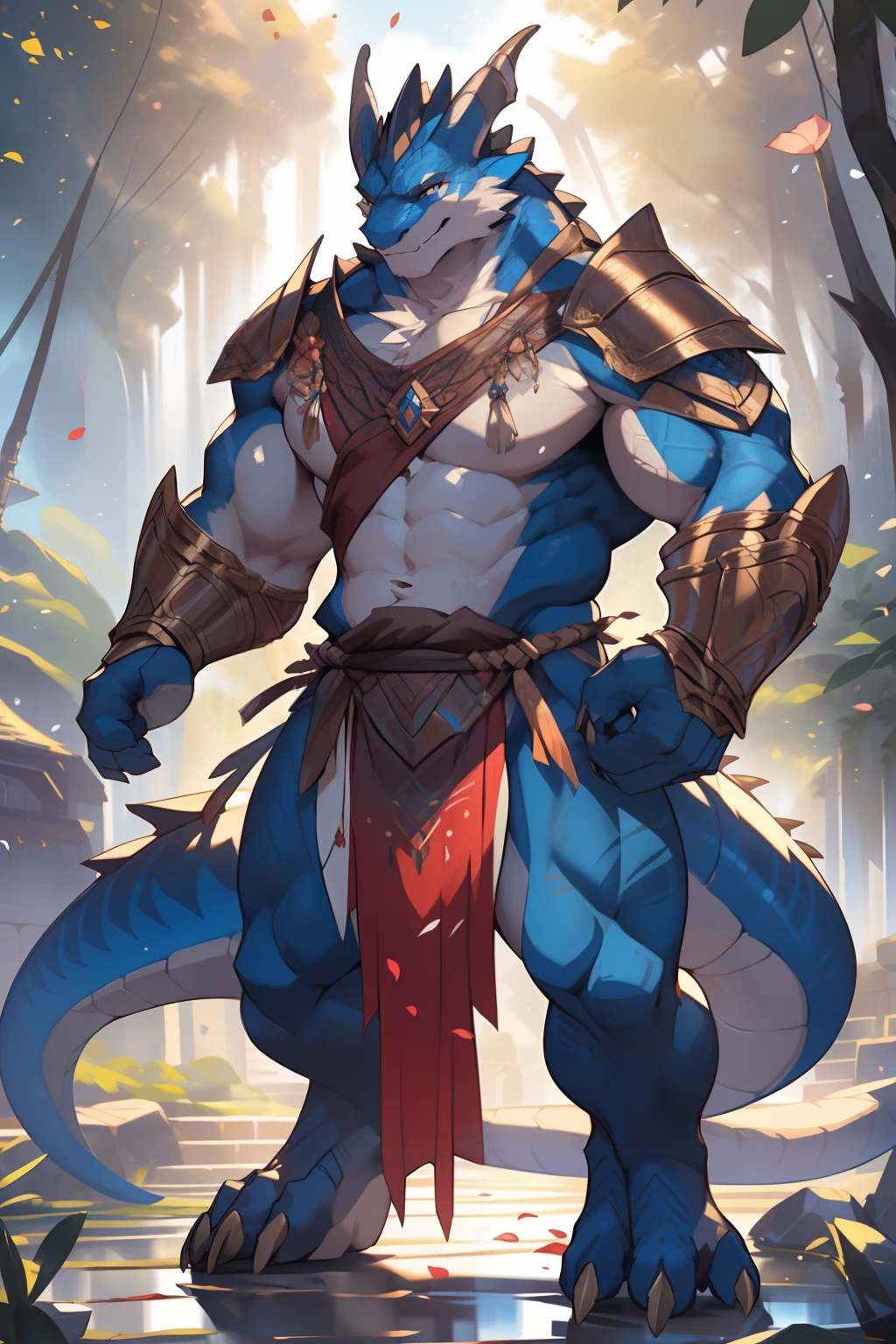 uploaded on e621, (male anthro dragon), standing, solo, muscle, detailed scale texture, old castle, (battlefield), (tribal clothing, ((long loincloth))), (shoulder armor, leg armor), (blue body, white belly), (art by chunie, (drakgem), ((rakisha)), (kontanagamori)), (front view), looking pleasured, [simple background], detailed pupils, masterpiece artwork, caustics, rim lighting, single light source, sharp shadows, solo portrait, (digitigrade), (kemono), by inessa garmash, greg rutkowski, pino daeni, ruan jia, (light particles), rose petals