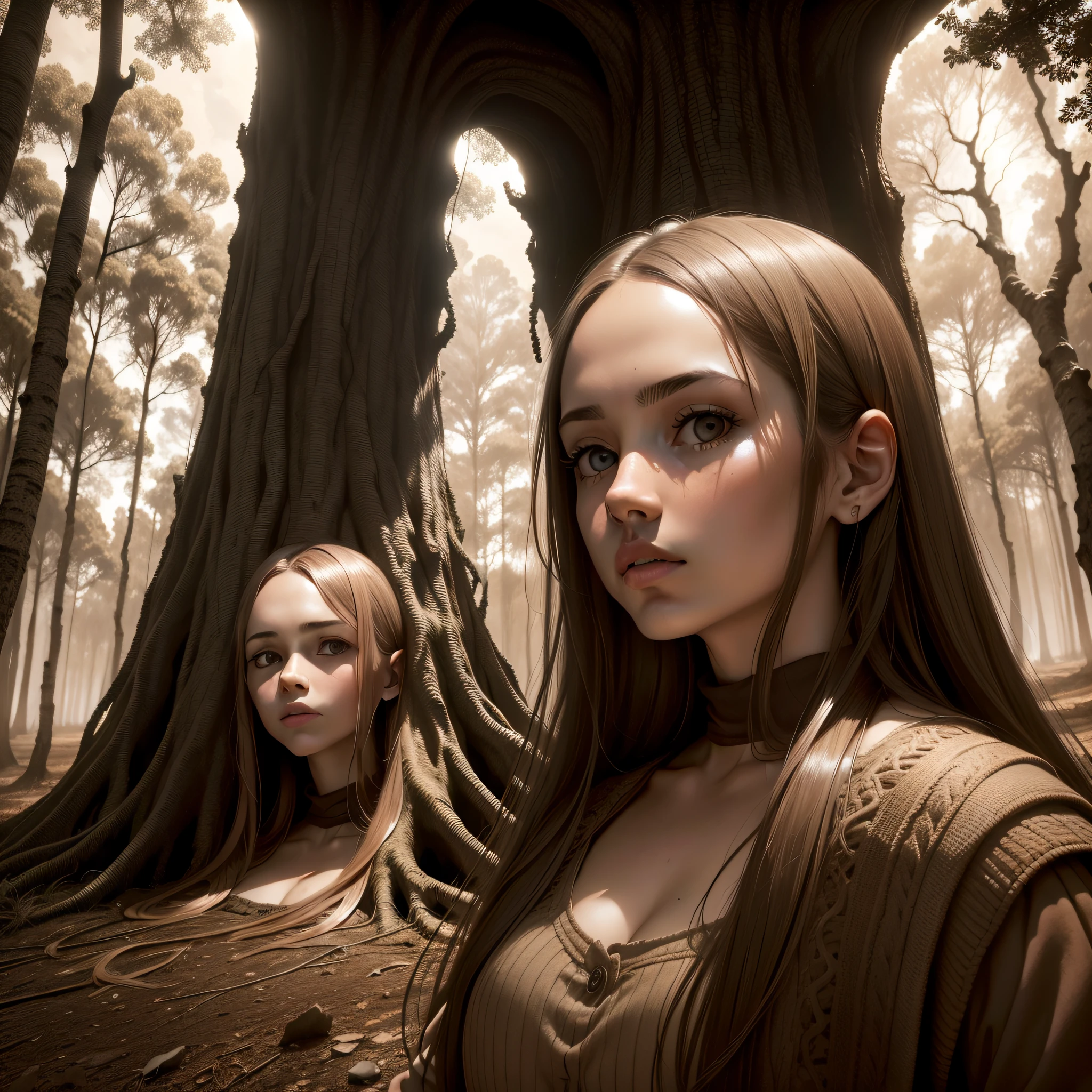 (extremadamente detallado, obra maestra, La mejor calidad, Tono sepia) bosque enorme, Trees with a human face, ruinas. Daytime Lighting.