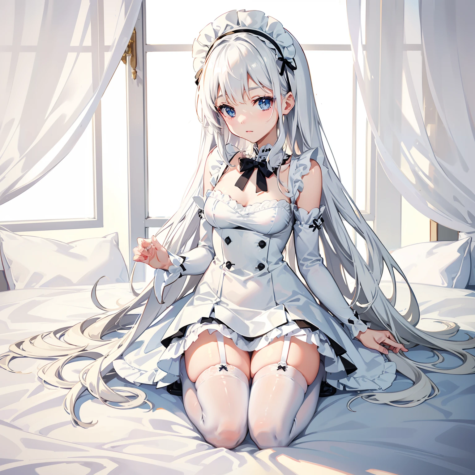 Lazy wind，wide blue eyes，White hair，Dull hair，Cat-eared girl，White tones，sitted，1girll，Solo，adolable，white dresses，Big hazy eyes，Facial details are exquisite，Beth，onbed，Impeccable，Cute pose，Plush cat's paw gloves，Shy laugh，The complexion is reddish