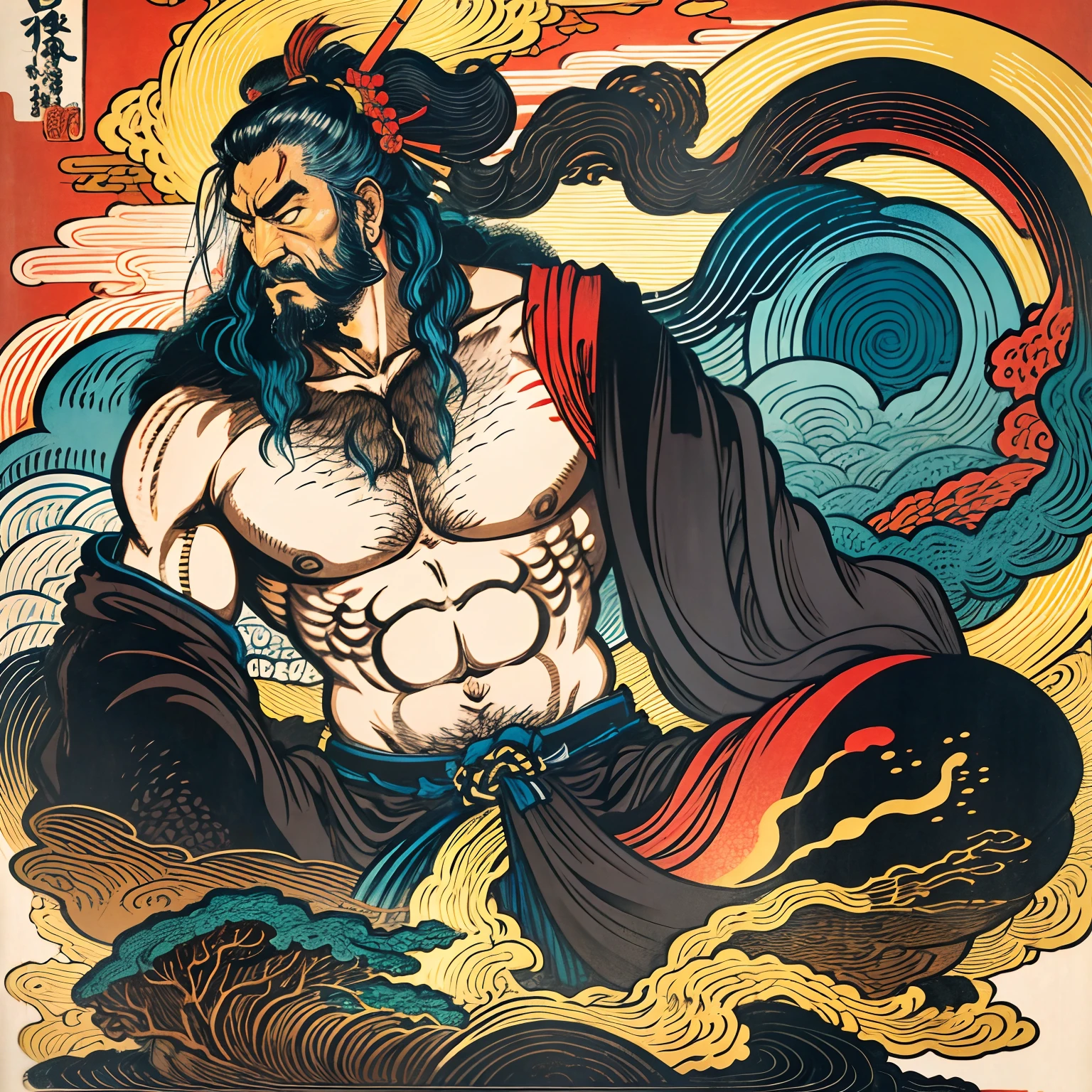 It is a full-body painting with natural colors with Katsushika Hokusai-style line drawings. O espadachim Miyamoto Musashi tem um grande corpo como um homem forte. Samurai of Japan. With a dignified expression, mas viril, of determination, He faces evil spirits while meditating in Lotus position. Ele tem cabelo curto preto e um curto, barba aparada. His upper body is covered with a jet black kimono with a glossy texture, and his hakama is knee-long. Na mais alta qualidade, masterpiece high resolution ukiyo-e style lightning and swirling flames. Entre eles, Miyamoto Musashi is standing with his back straight, de frente.