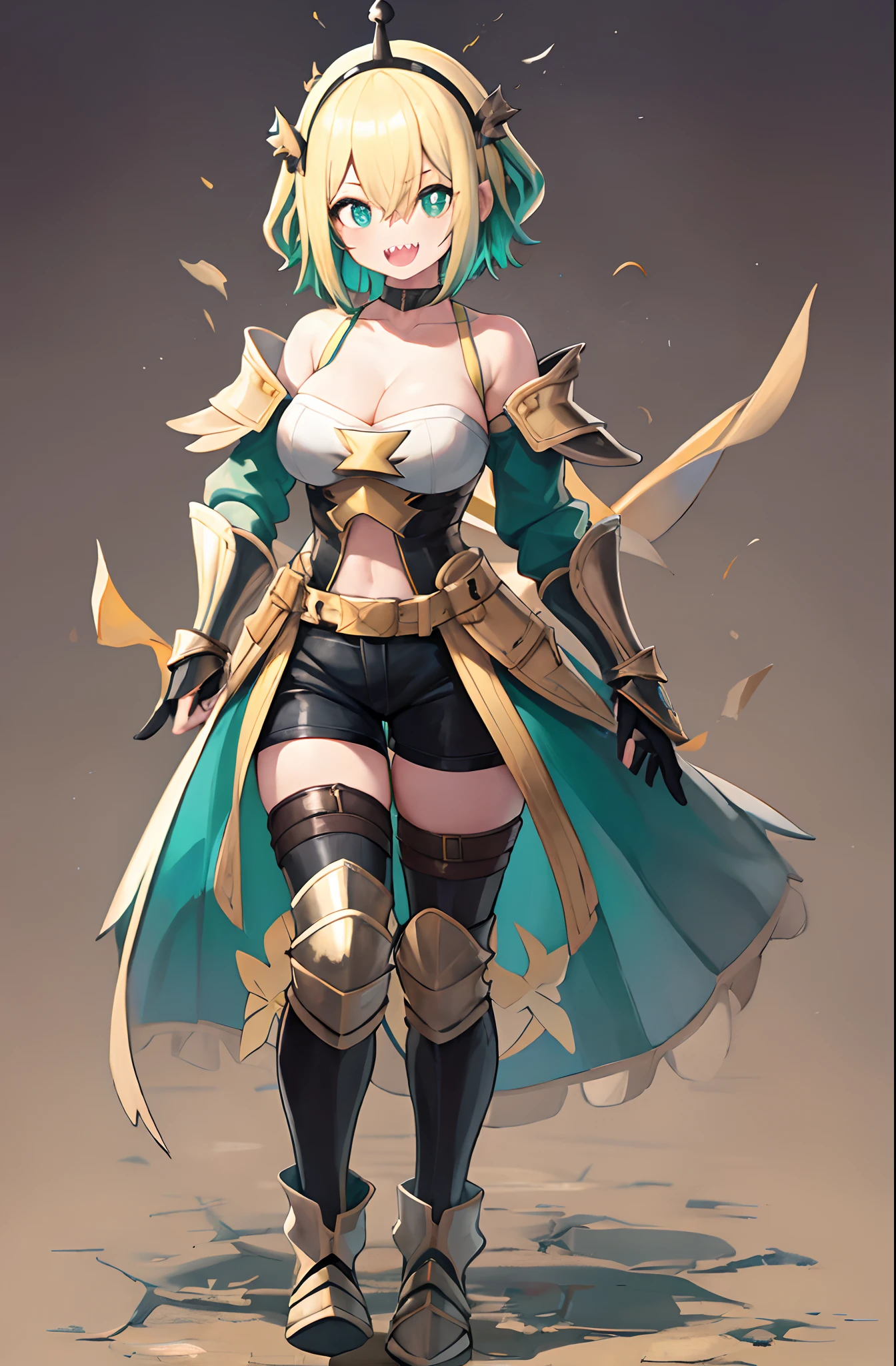 amano pikamee, 1girl, virtual youtuber, solo, sharp teeth, teeth, blonde hair, multicolored hair, hairband,t, two-tone hair, bright pupils, white pupils, breasts, gradient, collarbone, bangs, yellow background, bare shoulders, gradient background, green eyes, black shorts, hair between eyes, green hair, cleavage, short hair,(icone de um jogo), (icone de peitoral : 1.5), um peitoral , peitoral marrom, chest plate, peitoral pesada marrom, peitoral grosso, peitoral de Armadura intrincada, peitoral de armadura de fantasia pesada, peitoral detalhado, armadura ornamentada, peitoral de Armadura Paladina, peitoral dearmadura de batalha, intrincada peitoral, full body walking