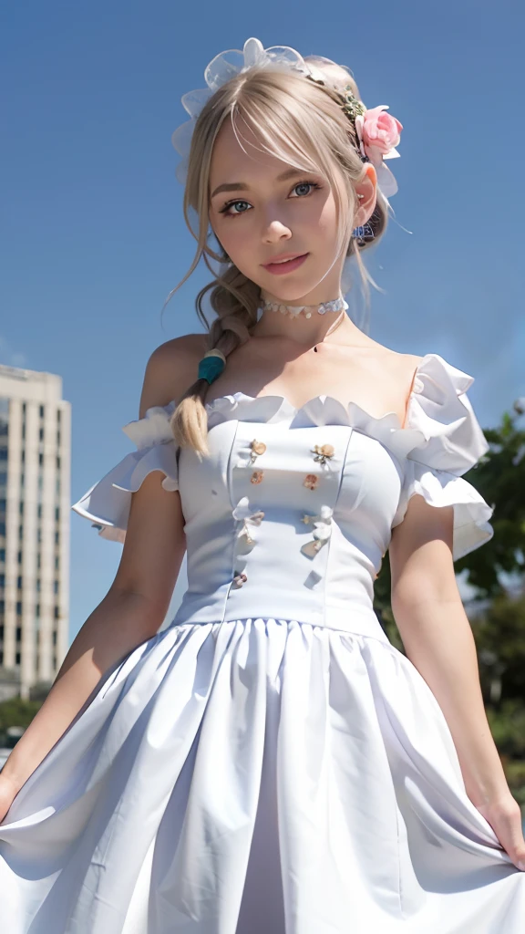 (ultra-detailliert), White cute princess dress,(frilly dress),(shortsleeves),Blue eyes,a closeup,Lovely smile,facing front, 20yr old, Girl in her 20s,no tail,(no tail),2D, masterpiece, top-quality, animesque, A detailed eye, A detailed face, girl with, Only 1 person,Silver-haired medium hair, (silber hair), Ear Hair, small tits, Single braid, (Single braid), (Side braid), Pink ribbon, Ribbon around the neck, (Green sleeves), Stand in the middle of the city,