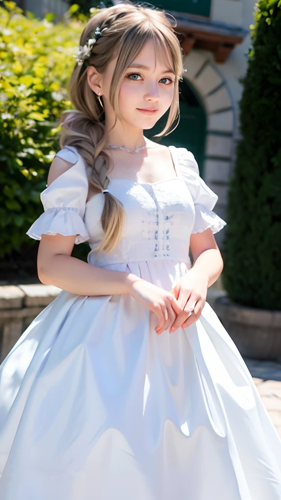 (ultra-detailliert), White cute princess dress,(frilly dress),(shortsleeves),Blue eyes,a closeup,Lovely smile,facing front, 20yr old, Girl in her 20s,no tail,(no tail),2D, ​masterpiece, top-quality, animesque, A detailed eye, A detailed face, girl with, Only 1 person,Silver-haired medium hair, (silber hair),  Ear Hair, small tits, Single braid, (Single braid), (Side braid), Pink ribbon, Ribbon around the neck, (Green sleeves), Stand in the middle of the city,