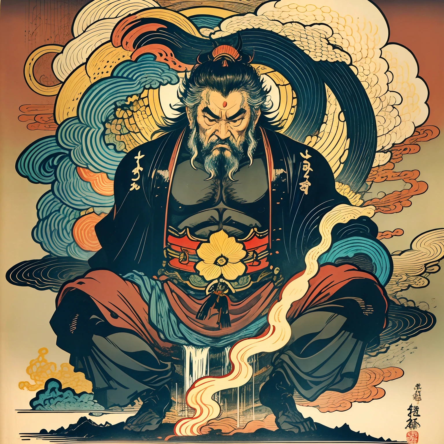 It is a full-body painting with natural colors with Katsushika Hokusai-style line drawings. O espadachim Miyamoto Musashi tem um grande corpo como um homem forte. Samurai of Japan. With a dignified expression, mas viril, of determination, He faces evil spirits while meditating in Lotus position. Ele tem cabelo curto preto e um curto, barba aparada. His upper body is covered with a jet black kimono with a glossy texture, and his hakama is knee-long. Na mais alta qualidade, masterpiece high resolution ukiyo-e style lightning and swirling flames. Entre eles, Miyamoto Musashi is standing with his back straight, de frente.