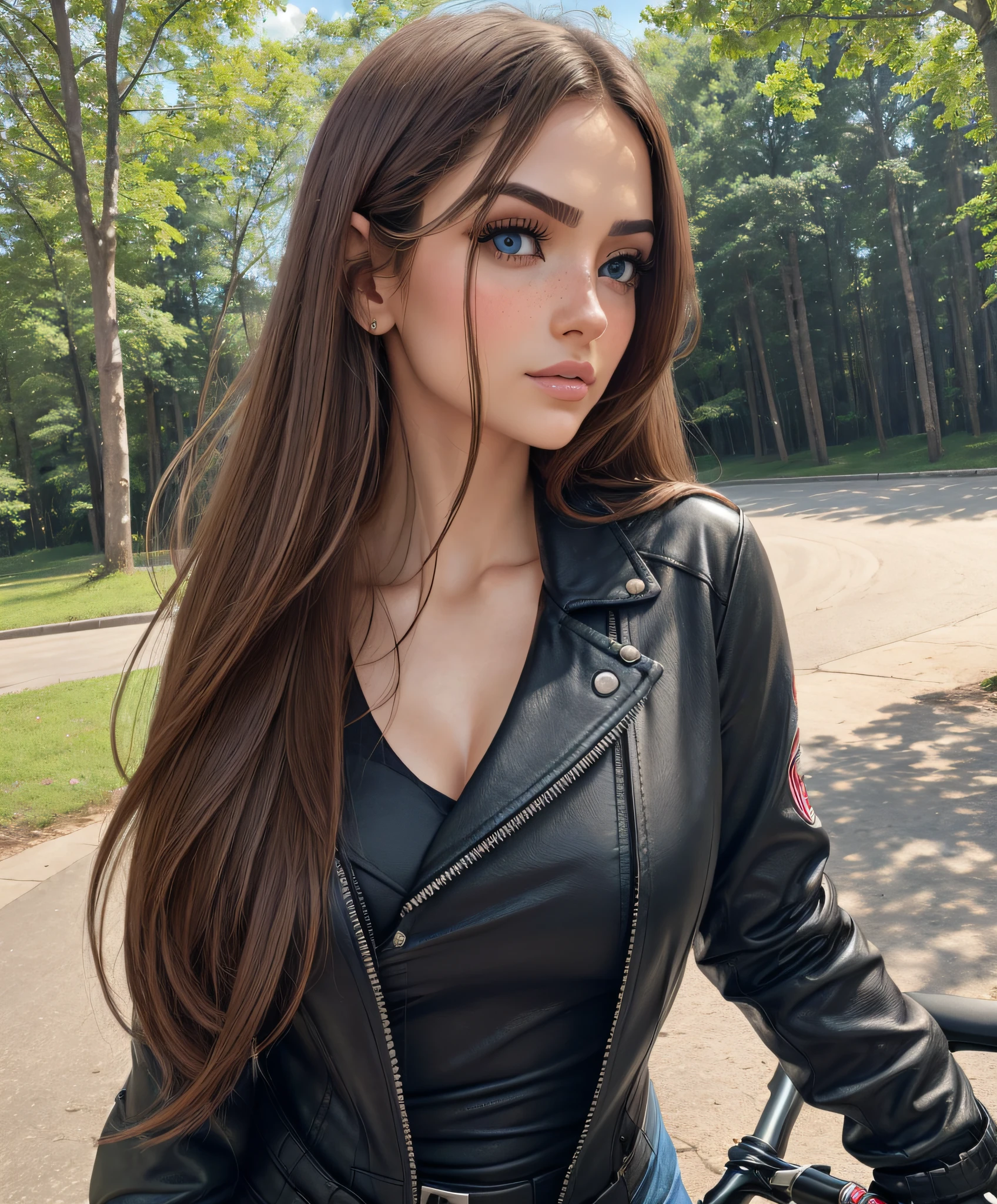 Full Body Photo, 8k, uhd (Hyperreal: 1.2), ((Ultra Res)) (Photorealistic Face: 1.2), Sharp Vivid Colors (Realistic Skin Texture), Masterpiece, Best Quality, Natural Pale Soft Skin, Very Light Brown Hair, Long Straight Hair and Big Eyes, Extreme Detail, Glasses, Expressive Eyes, Few Freckles, Clean Lines, Perfect Face, Delicate, Perfect, Biker Clothes, Riding a Bike in the Park, Sweet Shy Face, Relaxed and beautiful face, perfect lips, perfect defined body, perfect beauty, perfect nose, slender face, beautiful buttocks, thin and light eyebrows, beautiful and perfect bust, Botox lips, very humid skin and hair, pointed nose, sensual, subtle makeup , naturally pale, smooth skin, 1.6 lens, rich colors, hyper-realistic texture,
