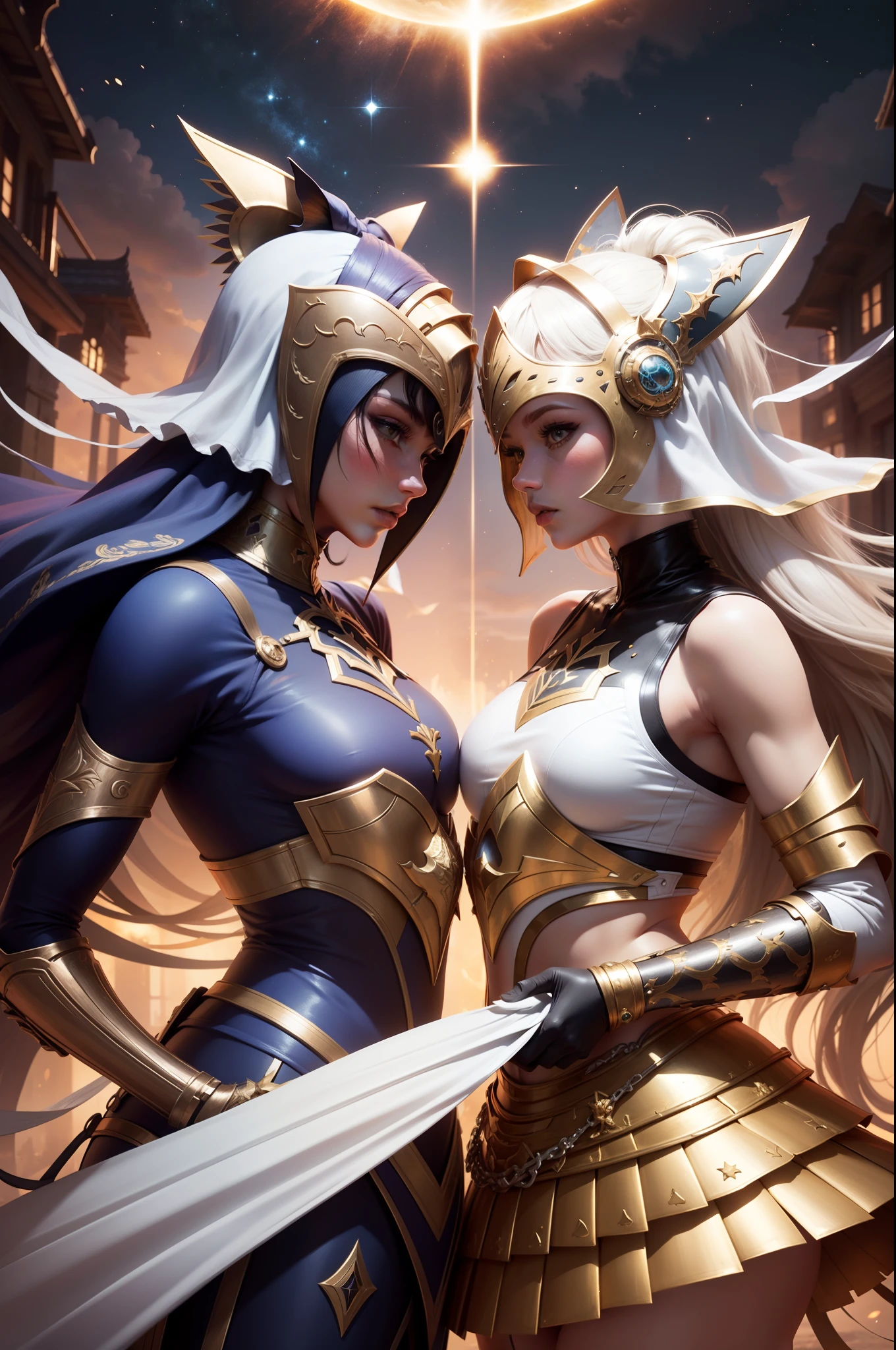 make a celestial being for the sign Gemini, 8k, qualidade, ser onipotente, Gemini themed background, Com uma armadura