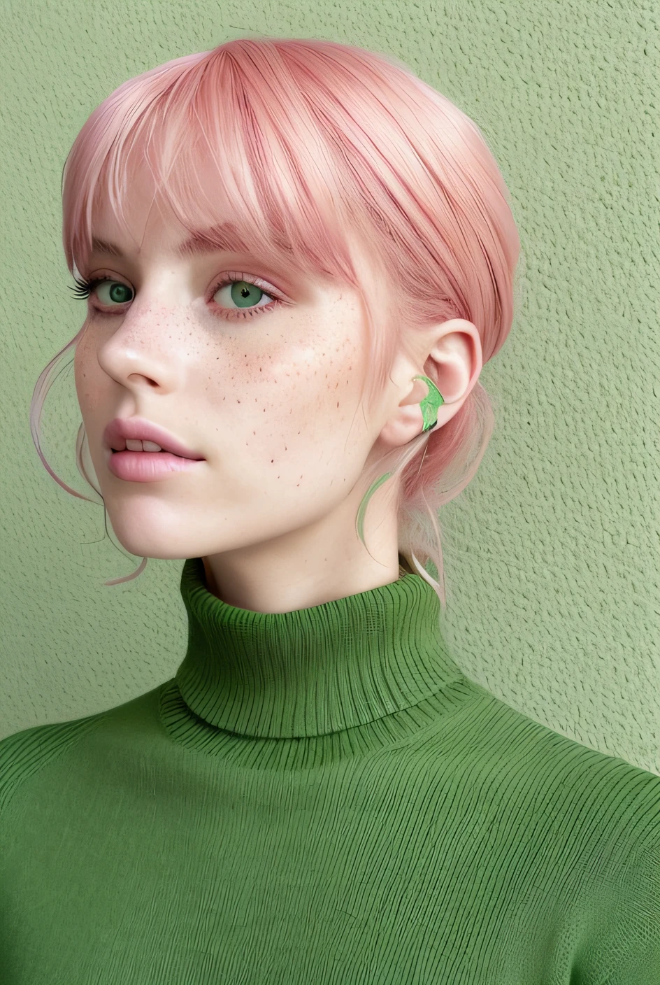 A woman wearing a green turtleneck sweater and a soft green background, pale skin dotted with freckles. Sus mejillas resaltan en tonos rosados suavemente armonizados con las pecas que las adornan, creating a beautiful symphony of green and pink colors. The turtleneck she wears accentuates the light freckles on her face, giving it a natural and elegant charm. Su cabello, en tonos verdes turquesa, cae con un flequillo, Complementing the color palette in a greenish harmony.