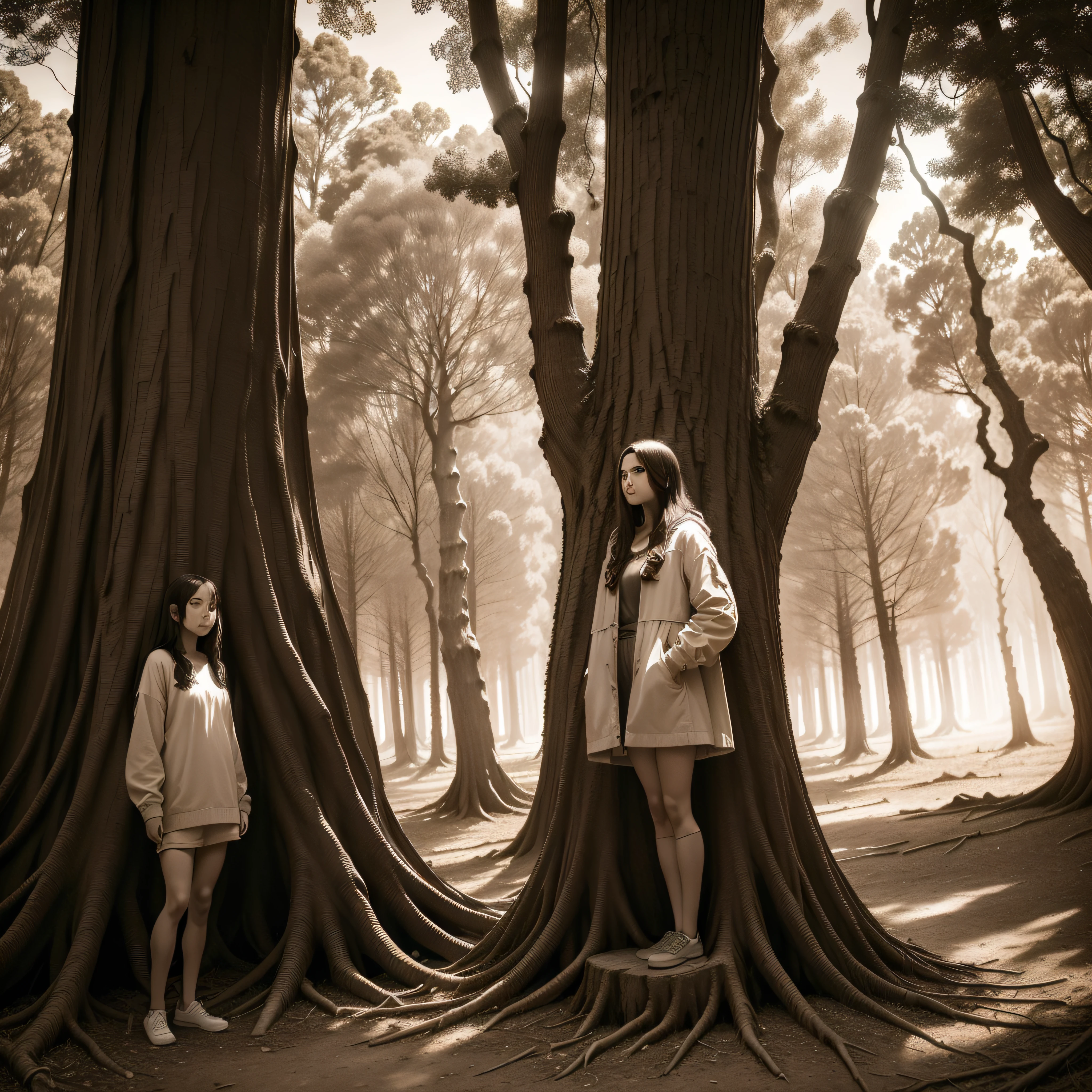 (extremadamente detallado, obra maestra, La mejor calidad, Tono sepia) bosque enorme, Trees with a human face, ruinas. Daytime Lighting.