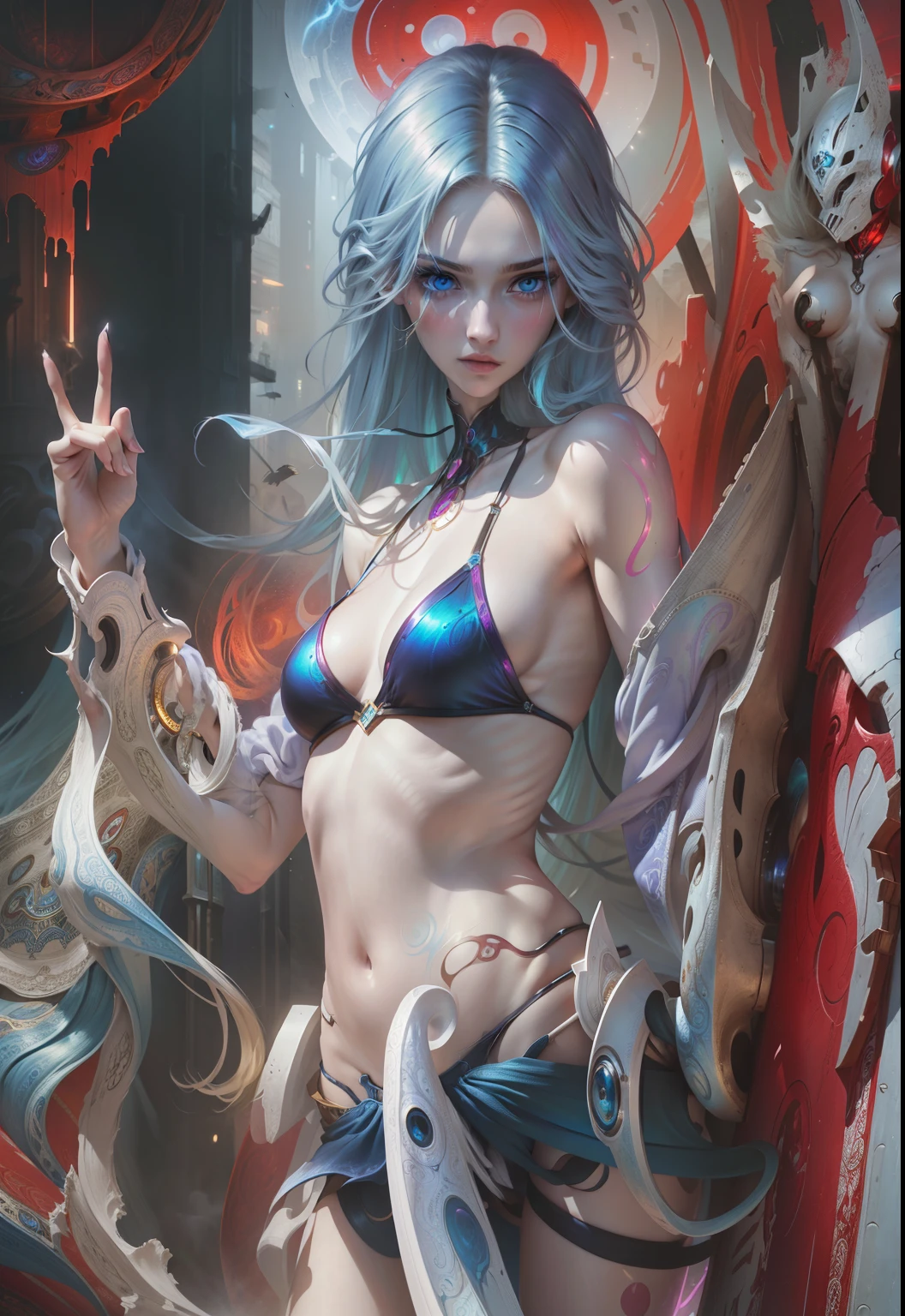 Masterpiece, Best Quality, Girls , Slender, Blue Eyes, Hair Color, Iridescent, Long Hair Spreading, White Skin, Medium, Cute, Sexy, Near Future, Bikini, Exposed Skin, Night, Psychedelic, Trip, Extreme Color, Paisley Theme, Open Legs, Mechanical Left Arm, Full Body