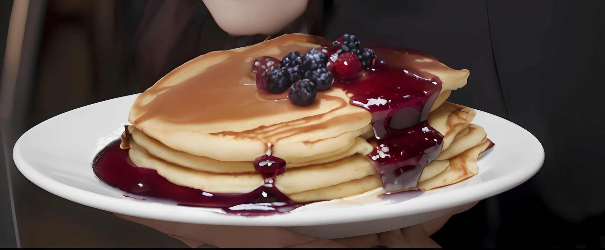 Arafe pancakes with berries and syrup on a white dish, super realistic food picture, pancake, Emo girl eating pancakes, food commercial 4 k, 4k polymer clay food photography, syrup, imagem hiperrealista, high quality photorealism, hyper realistic rendering, Realistic painting, made with photoshop, Pancake Flat Head, Very surreal, very real