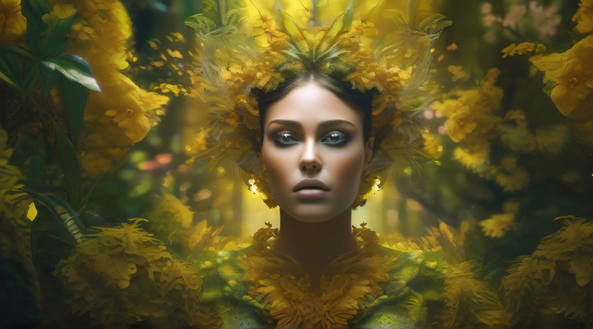 Uma mulher no meio da floresta, vestida com flores, beleza divina, eyes with yellow irises, deusa da selva, dense vegetation, fractal, magia, encantamento, fiction art, cores quentes, detalhes intrincados, 8k