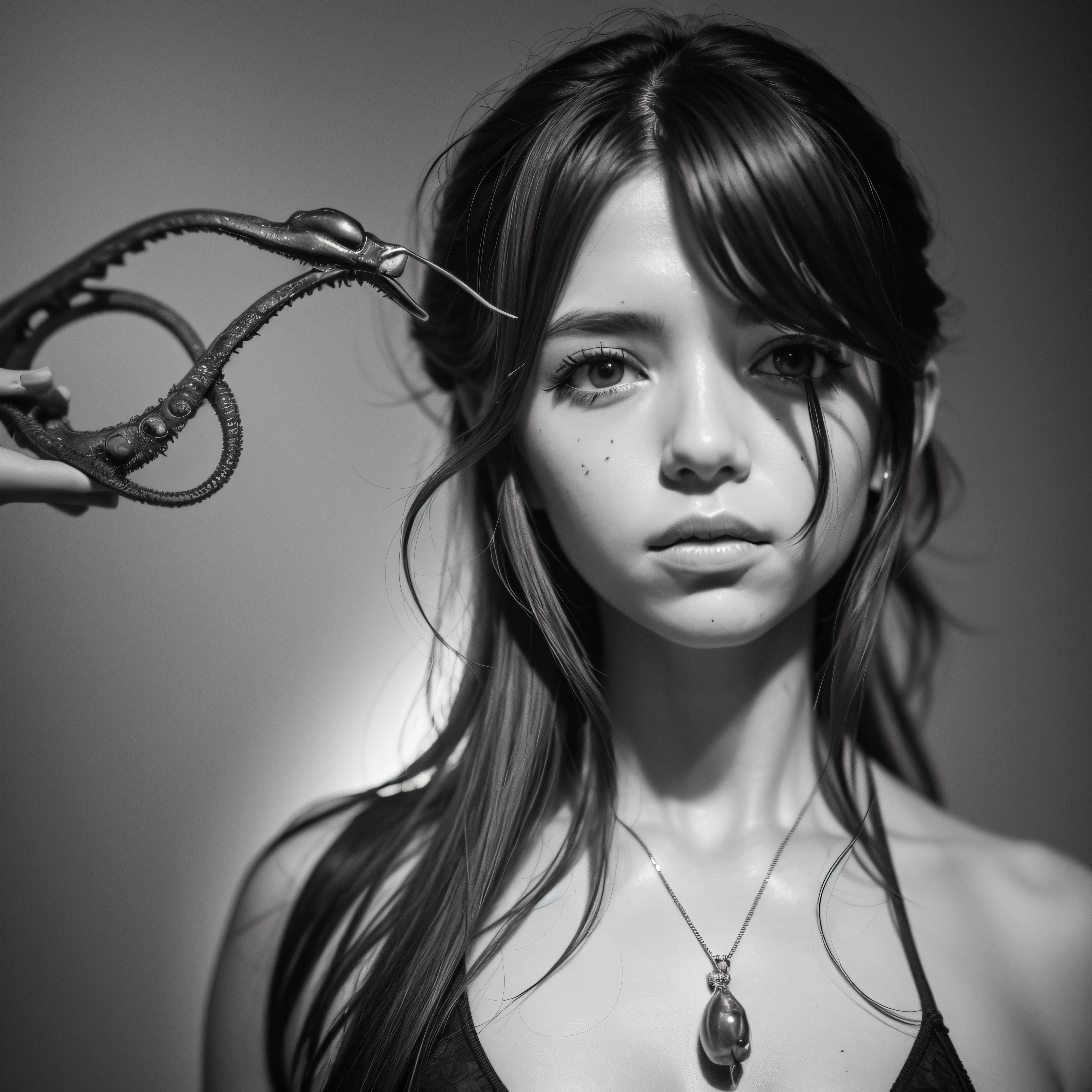 (extremadamente detallado, obra maestra, La mejor calidad), Estilo oscuro, intense illumination, rostro con arrugas, mujer crucificada, tentacle, monstruoso, interior de una piscina de agua, imagen submarina, alien con Colmillos finos. manchas de tinta. Rococo composition. Luz de caravaggio