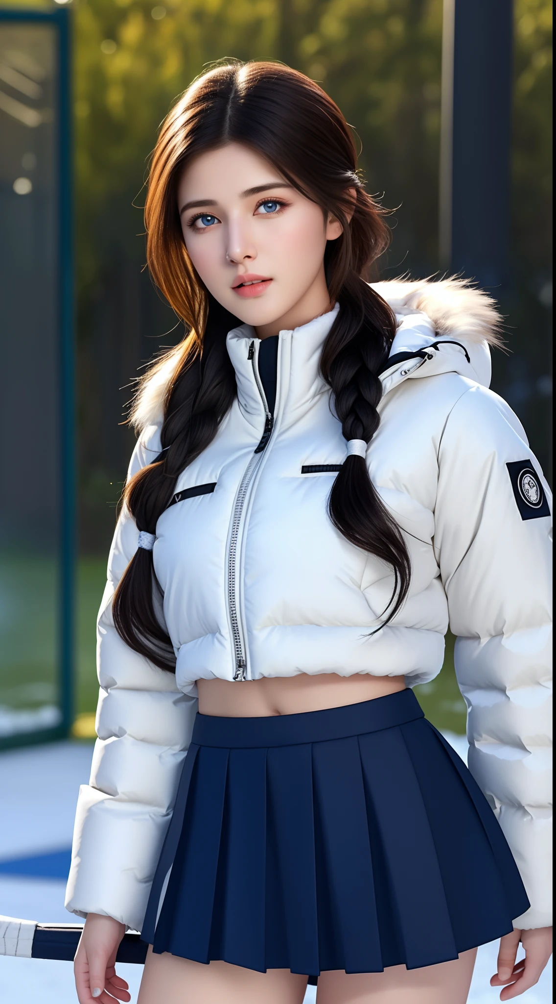 (hyperrealistic), (illustration), (high resolution), (8K), (extremely detailed), (best illustration), (beautiful detailed eyes), (best quality), (ultra-detailed), (masterpiece), (wallpaper), (photorealistic:1.4), (natural light), (rim lighting), (detailed face), high detailed realistic skin texture, anatomically correct, solo, 1 girl, (high detailed realistic long white hair:1.2), (two braided hair), heterochromic eyes, (detailed blue eyes), small moles under the eyes, (realistic big breasts:1.2), long legs, tight abs, dynamic pose, (closed mouth:1.2), (long white Parka with fur only at the collar), (upon body from head to thighs:1.2), (Beautiful Cute Pakistani Woman:1.55), (standing), (outdoor), (snow), (snowing), (winter), (black sport bra), (black tennis skirt),