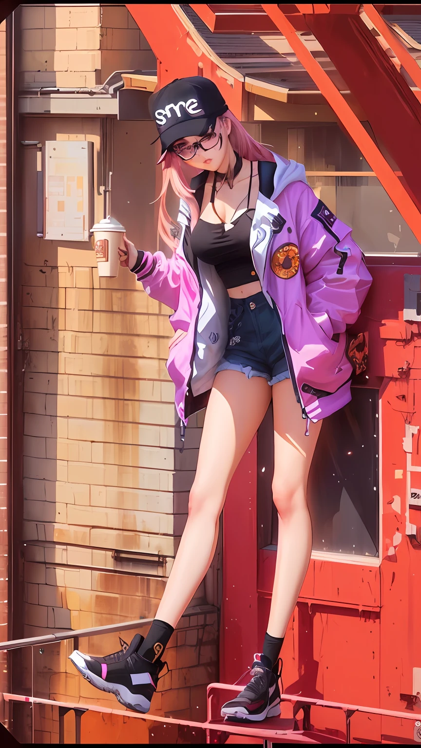 There is a woman who is standing on a ledge with a coffee, fanart urbana, Art not Guweiz style, Estilo anime, Guweiz, retrato de corpo inteiro de um curto!, corpo inteiro:: tempo ensolarado::, soda themed girl, feito com anime painter studio, she is wearing streetwear, anime vibes, em um dia ensolarado, anime full body illustration,rosto detalhado,dados detalhados,wear prescription glasses
