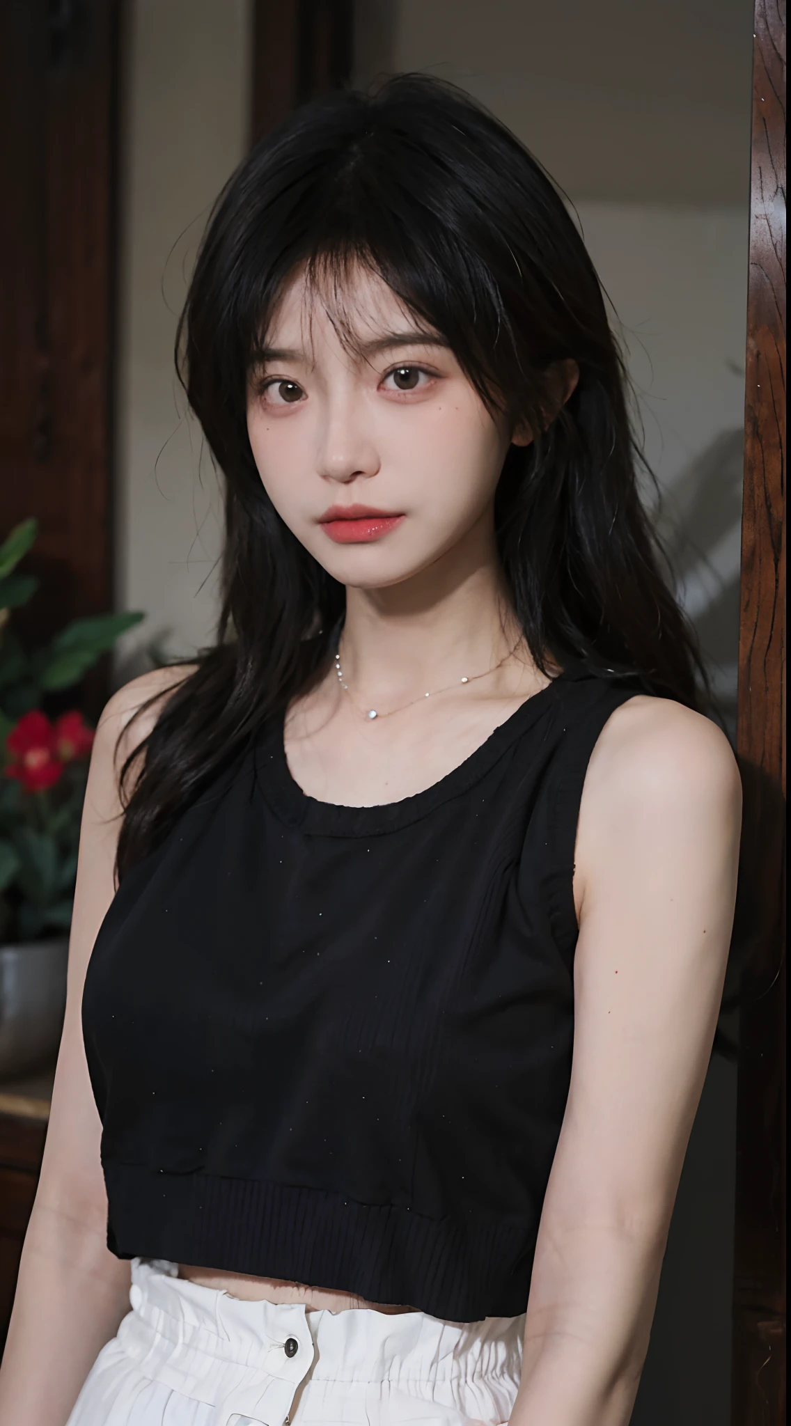 best qualtiy, 超高分辨率, (realisticlying:1.4),cute hairpin,1girll,,Cropped black sweater ,Beautiful woman with a slim figure:1.4, Abs:1.1, 浴室,Ultra-fine face,Elaborate Eyes,二重まぶた,choker necklace