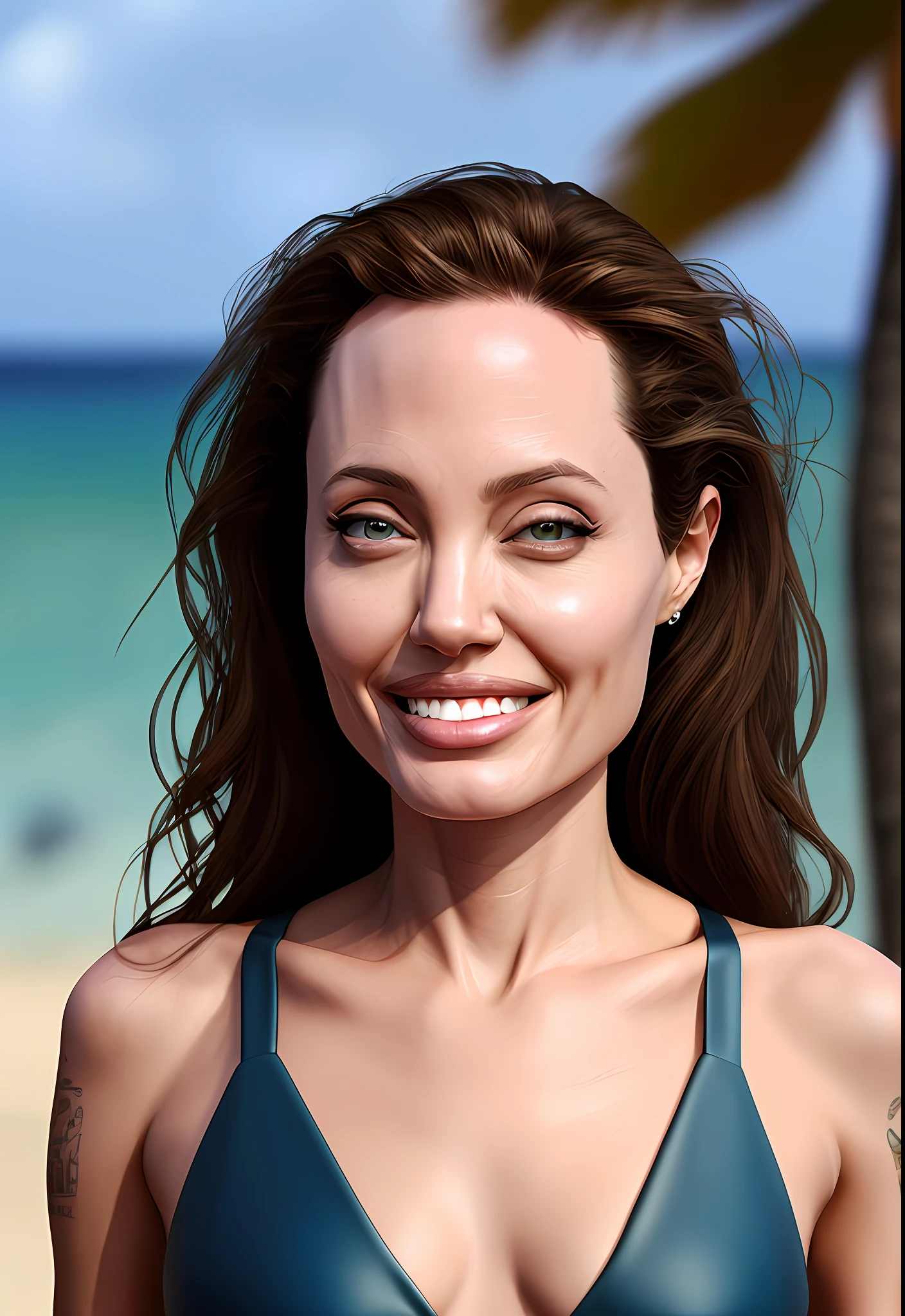 a photo realistic of Angelina Jolie smiling, front view, bikini, beach, summer lighting, masterpiece, 16k resolution, insane details