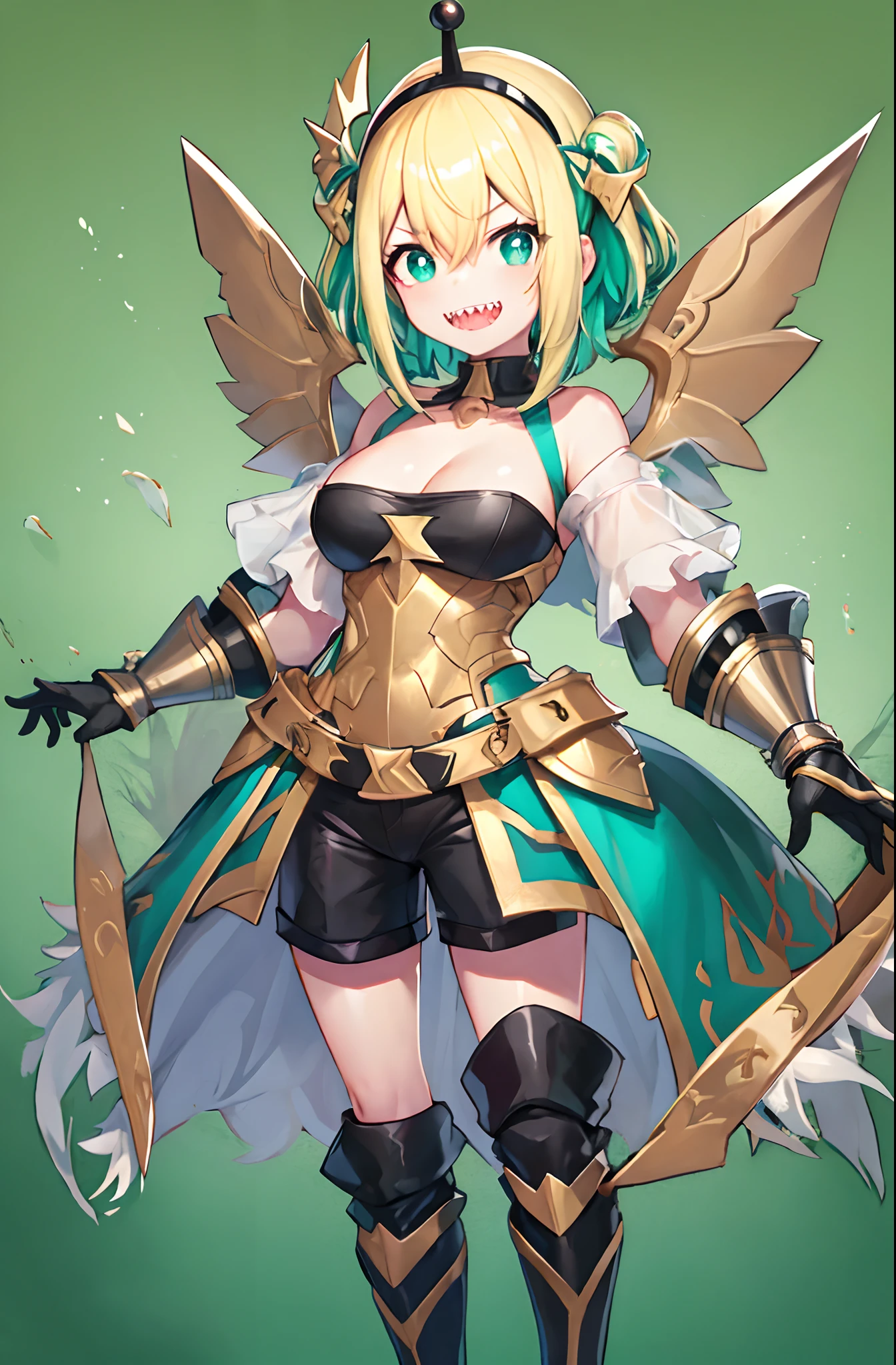 amano pikamee, 1girl, virtual youtuber, solo, sharp teeth, teeth, blonde hair, multicolored hair, hairband,t, two-tone hair, bright pupils, white pupils, breasts, gradient, collarbone, bangs, yellow background, bare shoulders, gradient background, green eyes, black shorts, hair between eyes, green hair, cleavage, short hair,(icone de um jogo), (icone de peitoral : 1.5), um peitoral , peitoral marrom, chest plate, peitoral pesada marrom, peitoral grosso, peitoral de Armadura intrincada, peitoral de armadura de fantasia pesada, peitoral detalhado, armadura ornamentada, peitoral de Armadura Paladina, peitoral dearmadura de batalha, intrincada peitoral, full body walking