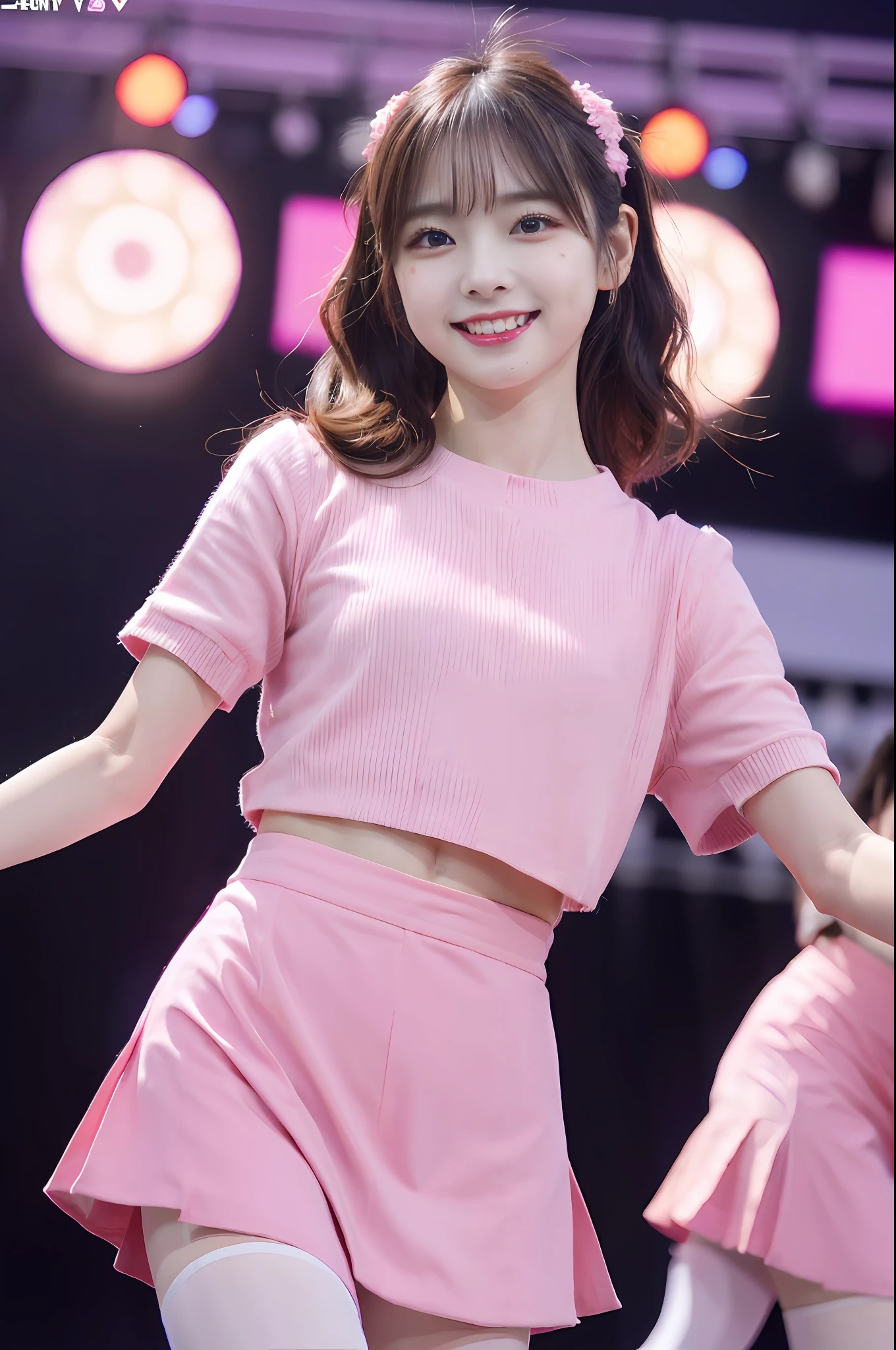 「NSFW」4k、high detal、japanaese girl、Pink and healthy skin、modeled、Long legs,Beautiful leg mini JK skirt、kawaii faces、A popular Japanese idol with a smile、Large-eye false eyelashes、(((Dance and sing on stage)))、lit up、Super short pink top