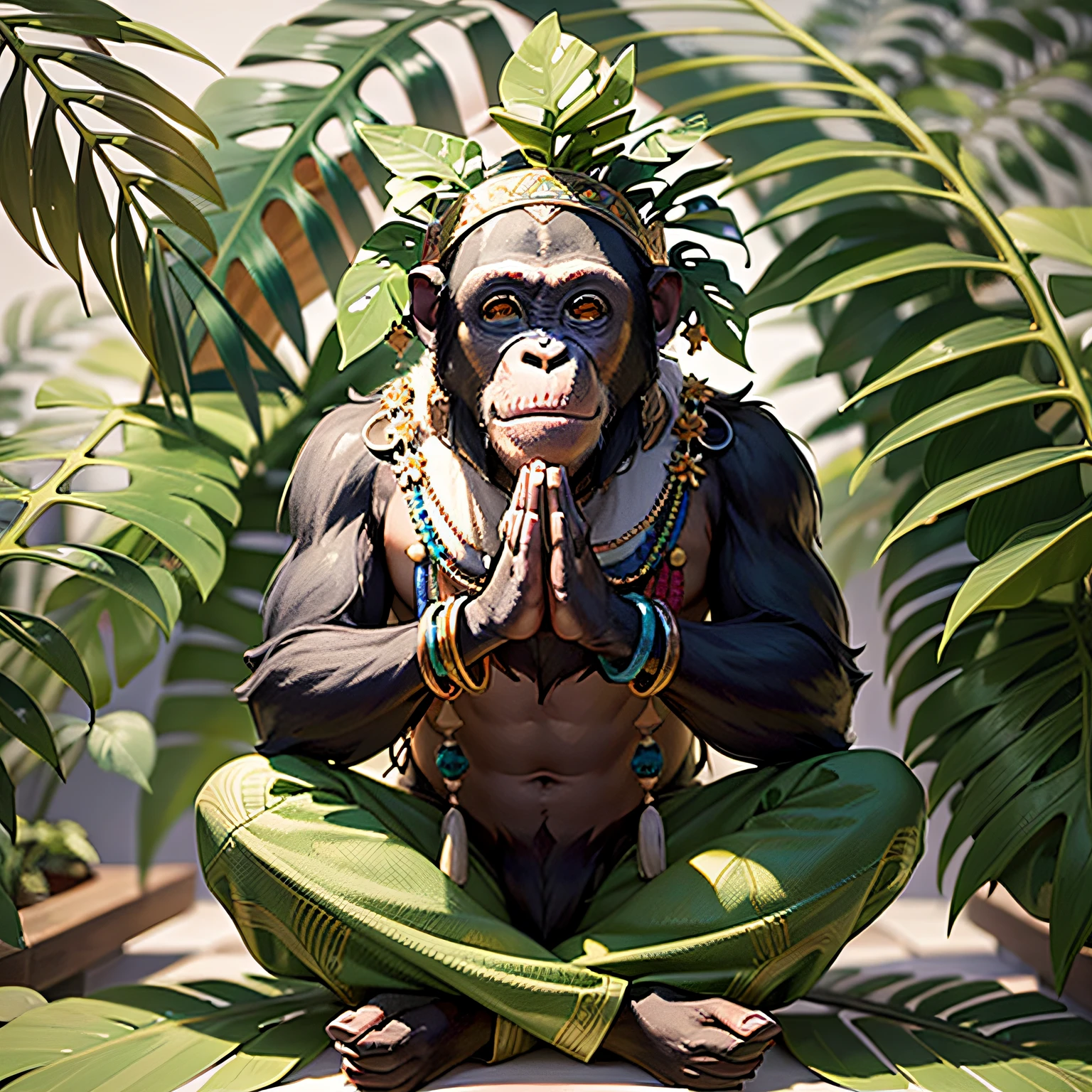 Chimpanzee ((Indian)),, ((with praying hands)),, chimpanzee hands, hair with details, with indigenous headdress on the head, ((meditating)) colorful feathers, facing the camera, detail: dense tropical foliage, highly detailed intricate, ((masterpiece)), ultra hyperrealistic, masterpiece, camera framing : closed in the head