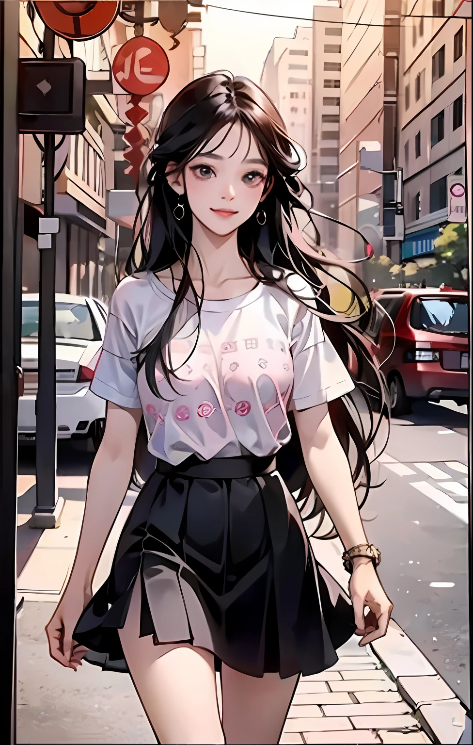 A high resolution，（Girl with long black hair），Black eyes，pink long skirt，real silk，There is a pattern，Pay attention to detail，Eyes focused，frontage，ssmile，There is an air explosion，streetview，Loose T-shirt，semi transparent。