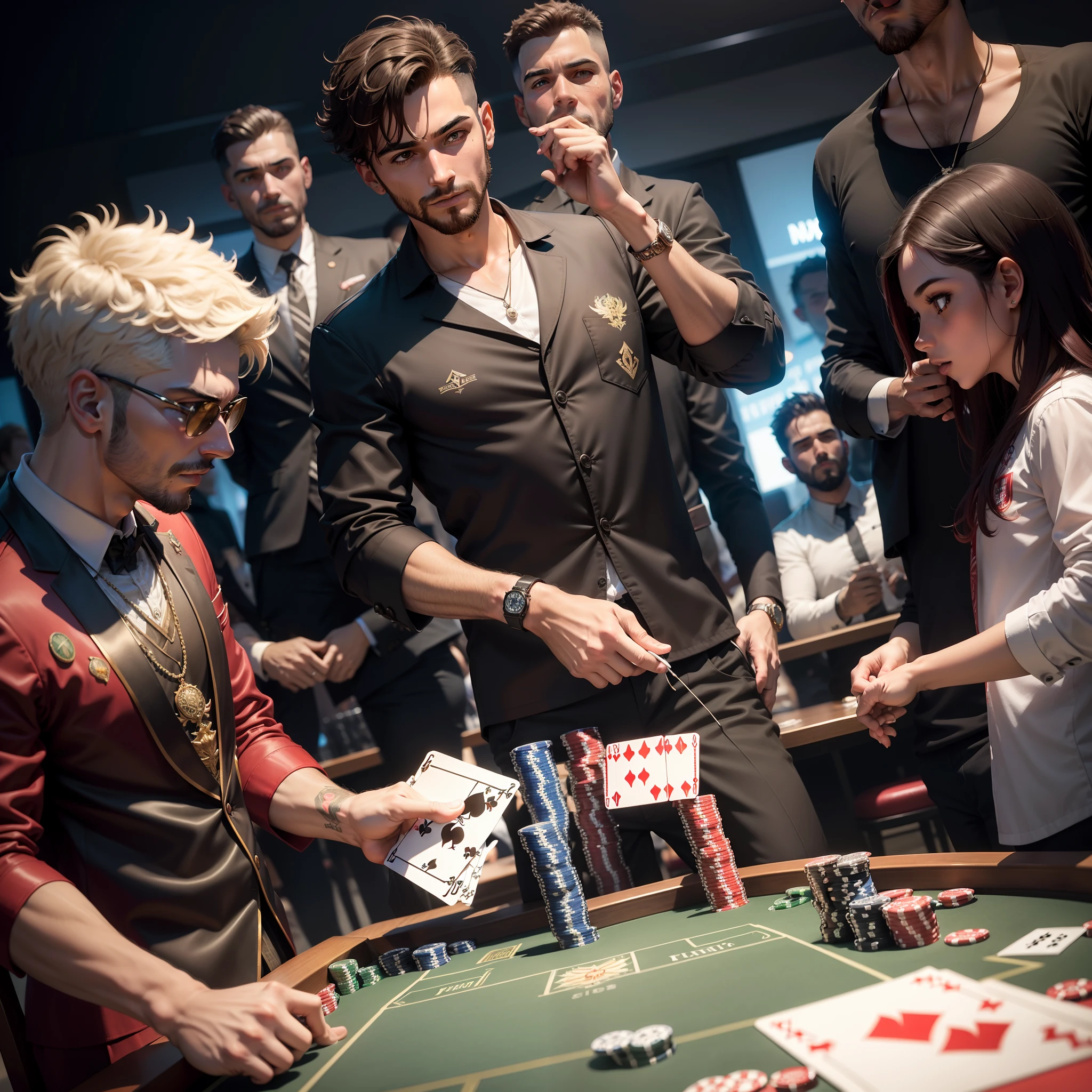 (Digital Painting)、(top-quality)、Men and women playing cards with four people、hero、Lupin the Third、dragon balls、Blonde beauty、baccarat、poker、PlayingCards、Ukiyo-e Art Style、Hokusai's inspiration、Popular deviant art、8K Ultra Real、Pastel Color Schemes、Soft lighting、Looks fun