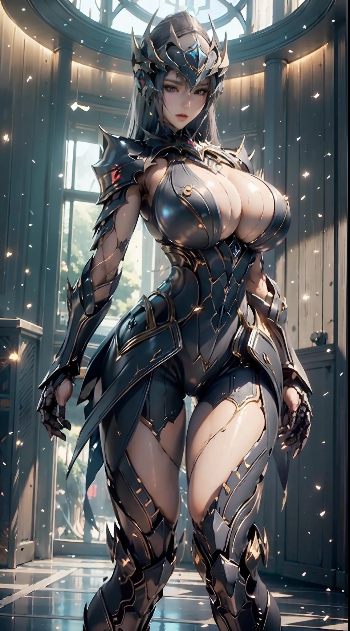 ((Unreal Engine 5)), Realistic Rendering, Excellent, (Full armor body), (Cloak), (helm), looking on camera, standing on studio, beautiful face, makeup, CGImix, (photorealism:1.2), ultrarealistic uhd face, (huge fake boobs:1.4), (gigantic breasts:1.1), (muscle abs), (big butt), (wide hips), (thick thighs), slim waist, hourglass figure, half body, ((glowing skin)), ((shiny skin)), Realistic body, ((she is sexy body)), ((clean skin)), photorealistic, bokeh, motion blur, masterpiece, highres, 1080P, super detail, textured skin.