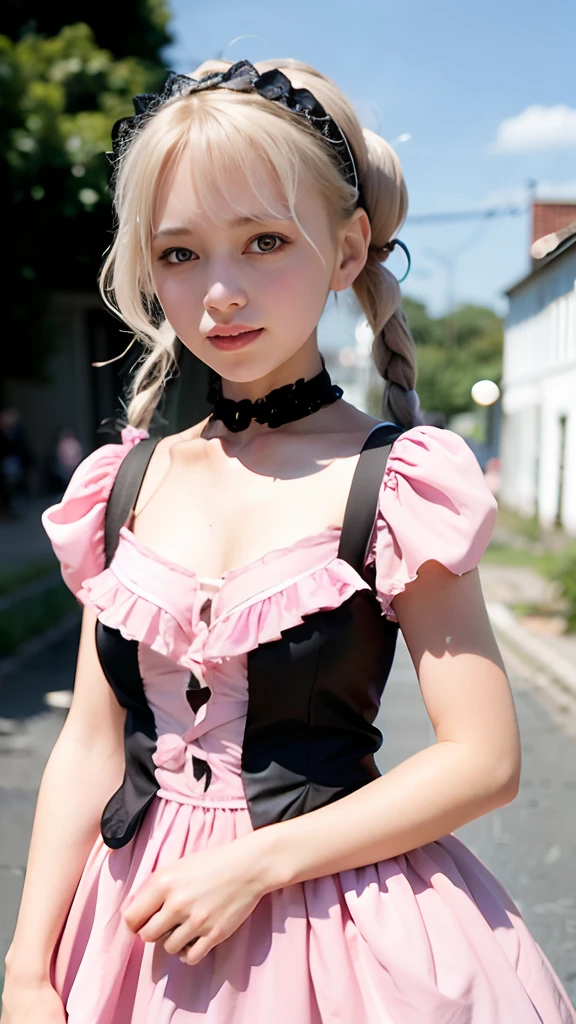 (ultra-detailliert), Cute princess dresses in pink color,(frilly dress),(shortsleeves),Blue eyes,a closeup,Lovely smile,facing front, 20yr old, Girl in her 20s,no tail,(no tail),2D, masterpiece, top-quality, animesque, A detailed eye, A detailed face, girl with, Only 1 person,Silver-haired medium hair, (silber hair), Ear Hair, small tits, Single braid, (Single braid), (Side braid), Pink ribbon, Ribbon around the neck, (Black sleeves), Stand in the middle of the city,