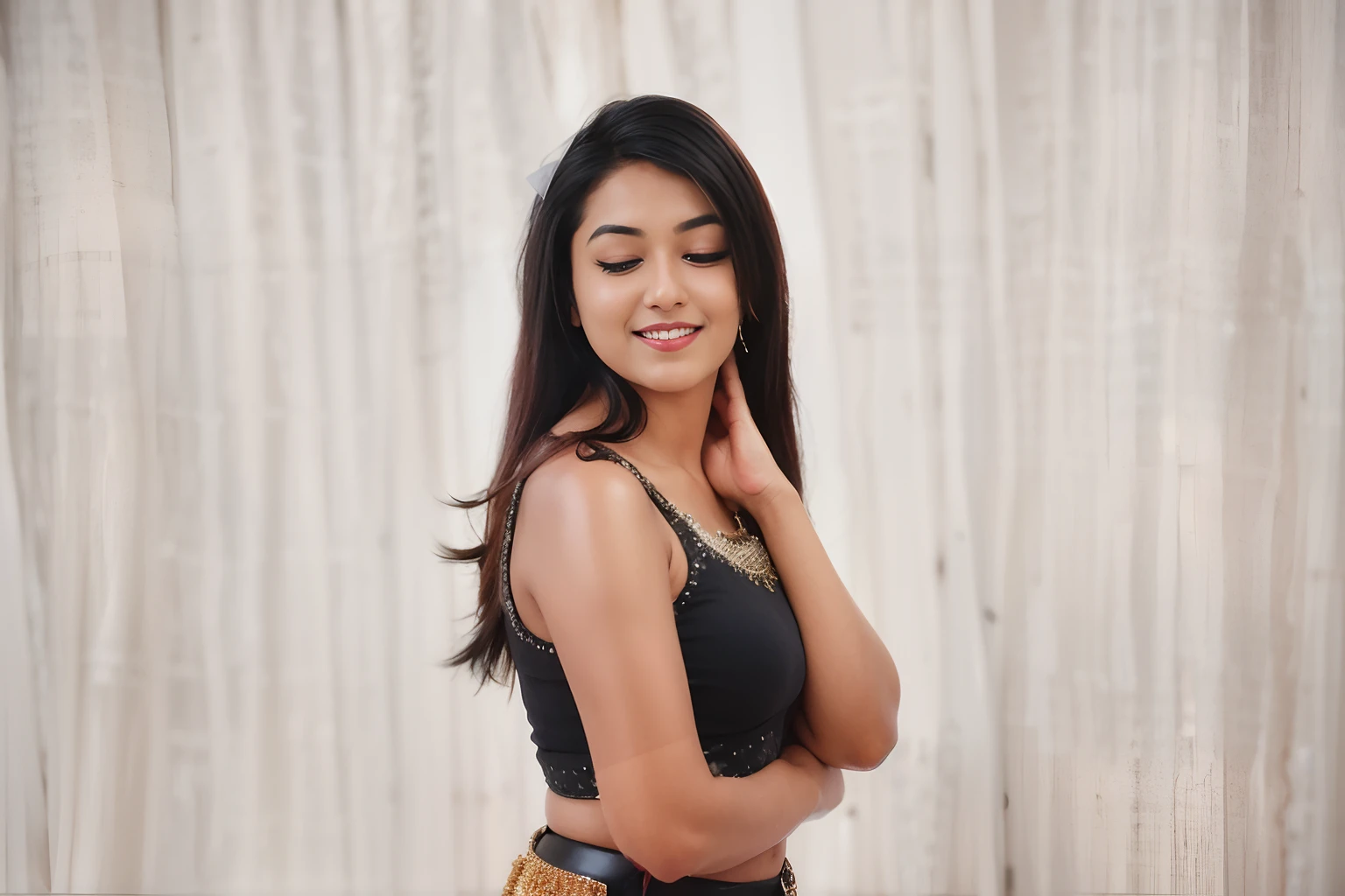 25yo Indian woman in a black croptop standing in a room, a photography by rajesh soni with sony dslr,Full Hd image, fair glowing skin, featured on pexels, samikshavad, lovely, cute face beautiful