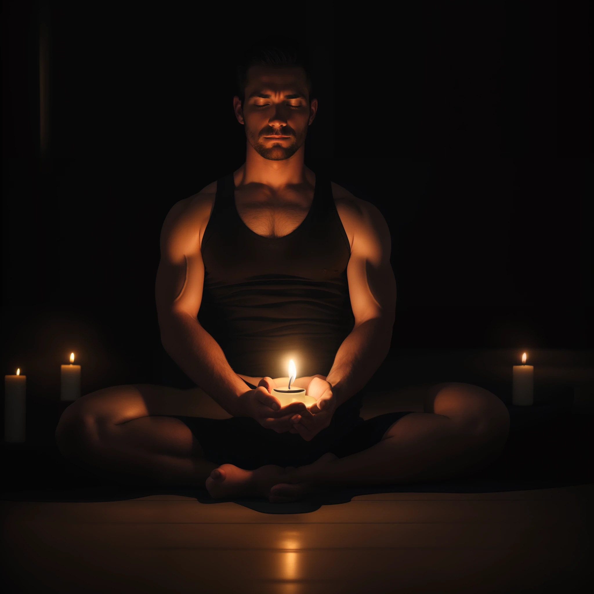 man in meditation holding a candle, lighting up a dark room yoga pose