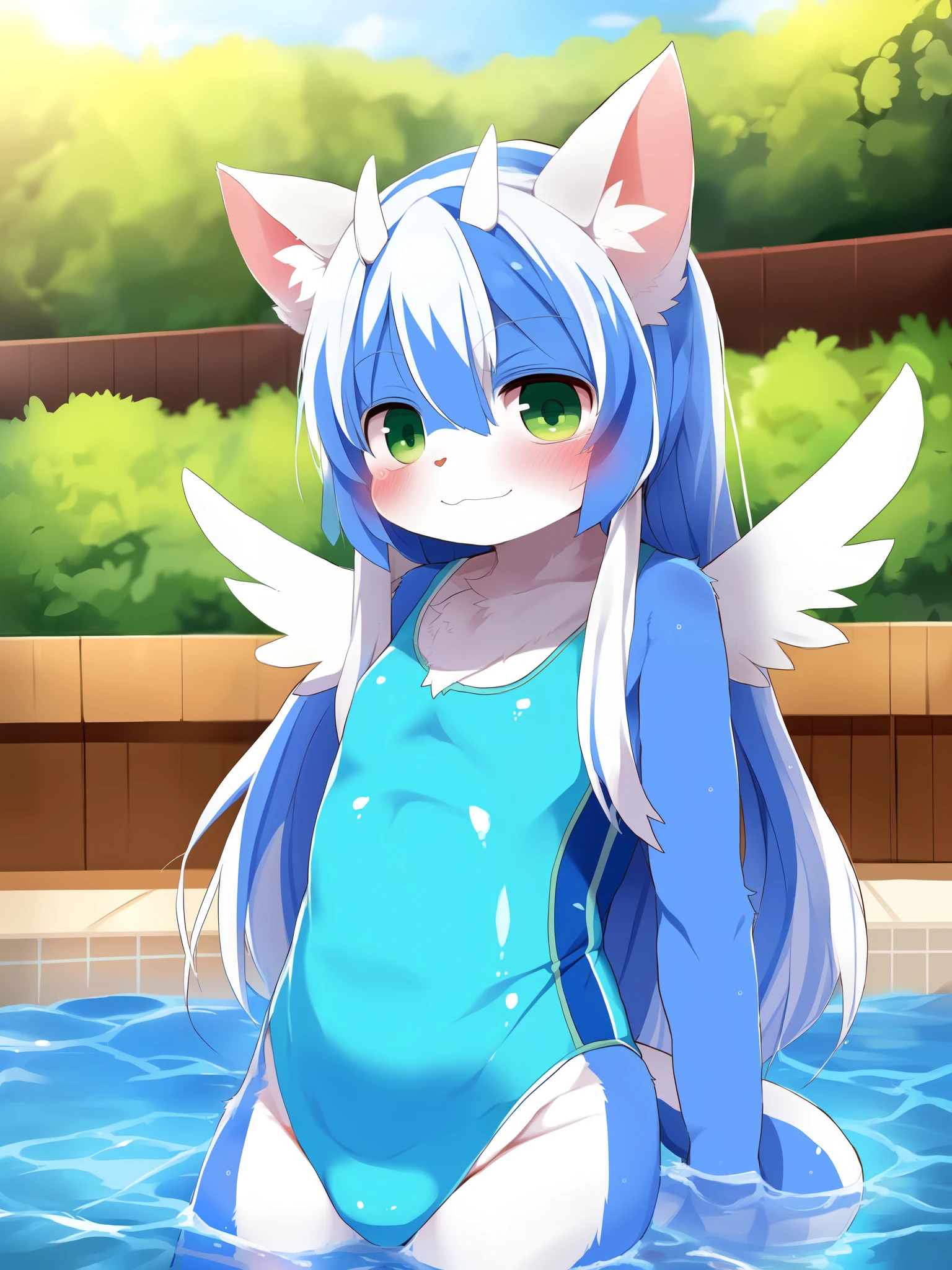 white-blue hair, detailed hair, white small horns, (white horns:1.3), cute face, cute hairstyle, furry anime, by dagasi, yupa, kiyosan, playful, young, detailed background, detailed fanart, pixiv, digital painting, masterpiece, high quality, highres