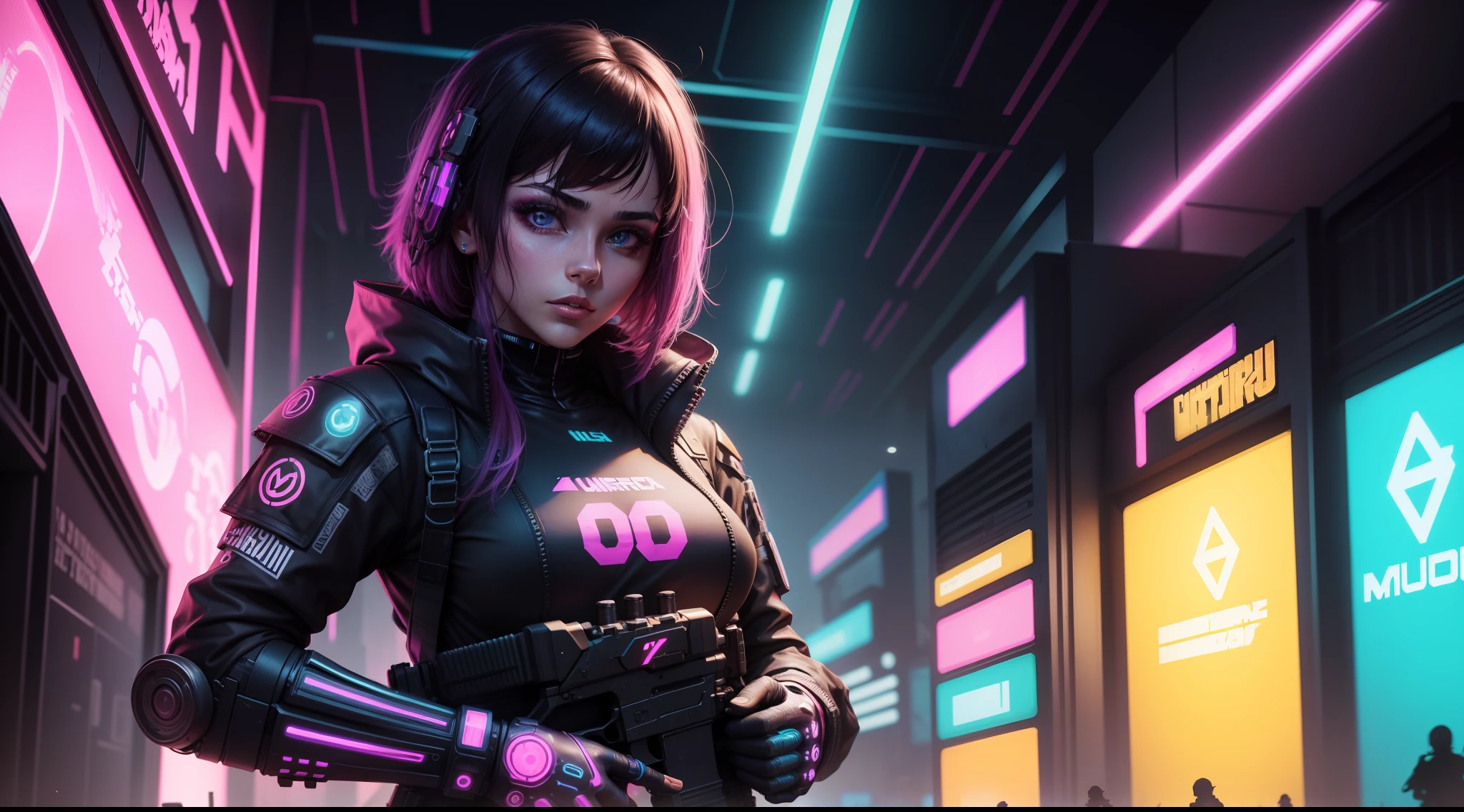Mulher com roupa cyberpunk, com armas, psychedelic neon background