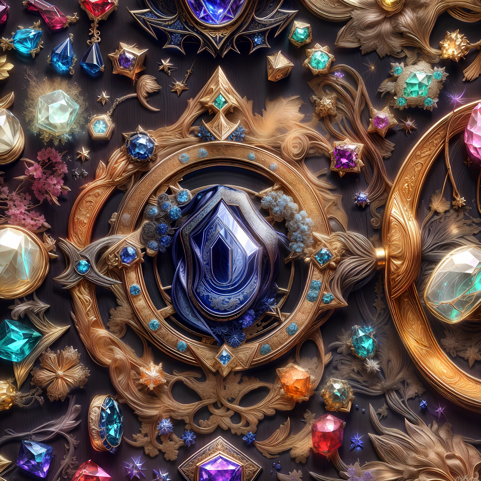 (byzantine Style: 1.2), (Full Focus: 2), (Everything in Display Cabinet: 1.3), (Magic Items | Colorful Gems | Cherry Blossoms | Printed Silk Products | Medals | Ores | Obsidian | Pearl | Emerald | White Jade | Amethyst | Sapphire | Gold Products | Silver Products | Purple Gold | Magical Jewelry | Antiques | Ruby | Orange Gem | Blue Gem | Topaz |: 2), Magic Symbols, Magic Particle Effects, High Tech Luxury, High Value Jewelry, High Value Metal, Luxury items, no puzzles, detailed and complex backgrounds, sparkling, reflective light, ultra high definition, award-winning, a high-resolution, high detail texture, contrast between light and dark, cinematic lighting, masterpieces, ray tracing, structurally correct, super details, high-quality, high detail, best quality, 16k
