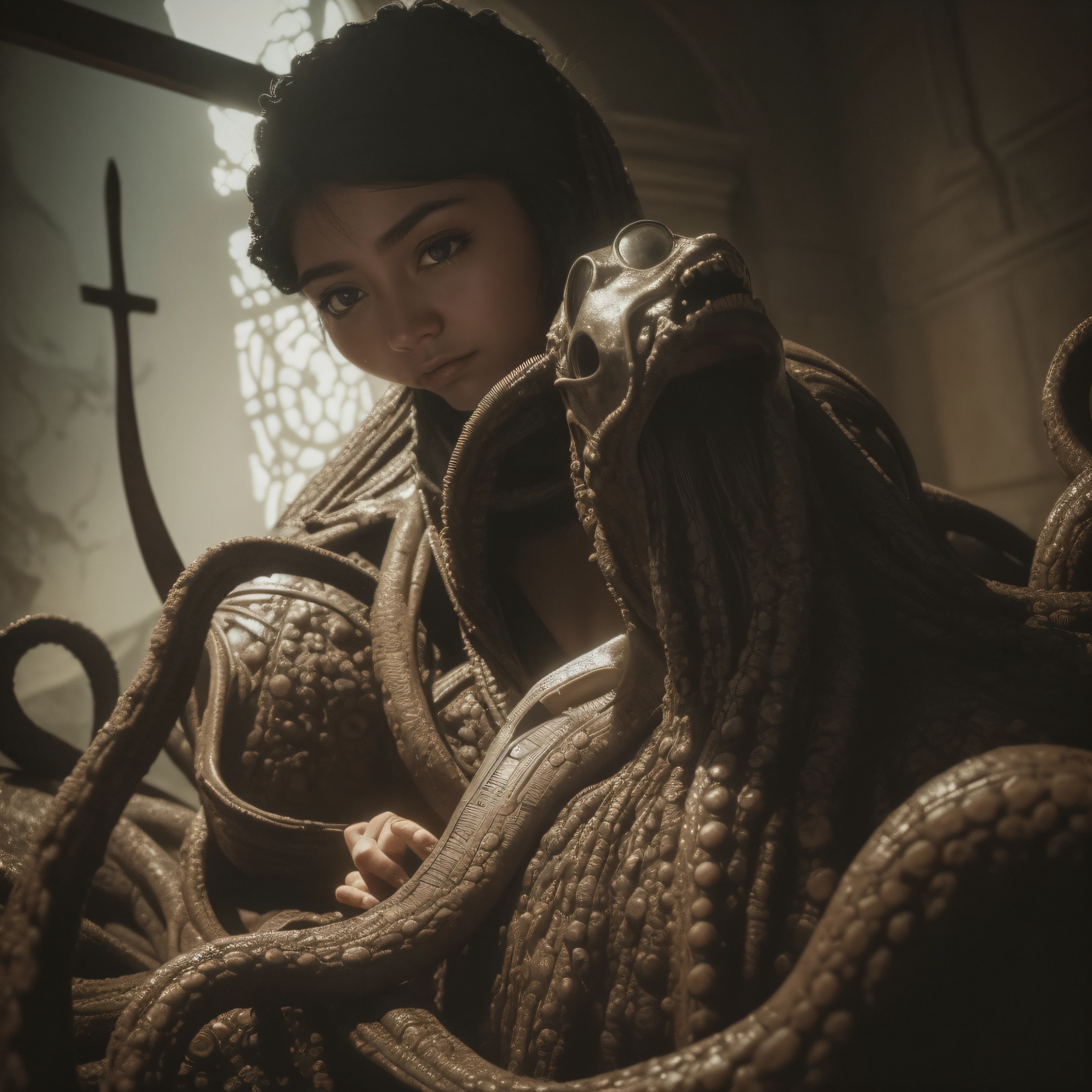 (extremadamente detallado, obra maestra, La mejor calidad), Estilo oscuro, intense illumination, rostro con arrugas, mujer crucificada, tentacle, monstruoso, interior de una piscina de agua, imagen submarina, alien con Colmillos finos. manchas de tinta. Rococo composition. Luz de caravaggio