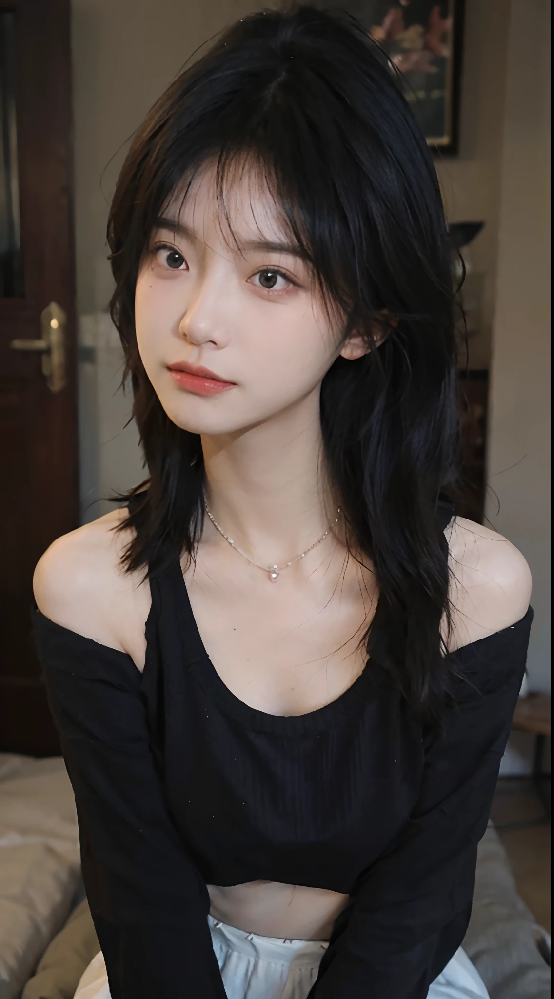 best qualtiy, 超高分辨率, (realisticlying:1.4),cute hairpin,1girll,,Cropped black sweater ,Beautiful woman with a slim figure:1.4, Abs:1.1, 浴室,Ultra-fine face,Elaborate Eyes,二重まぶた,choker necklace
