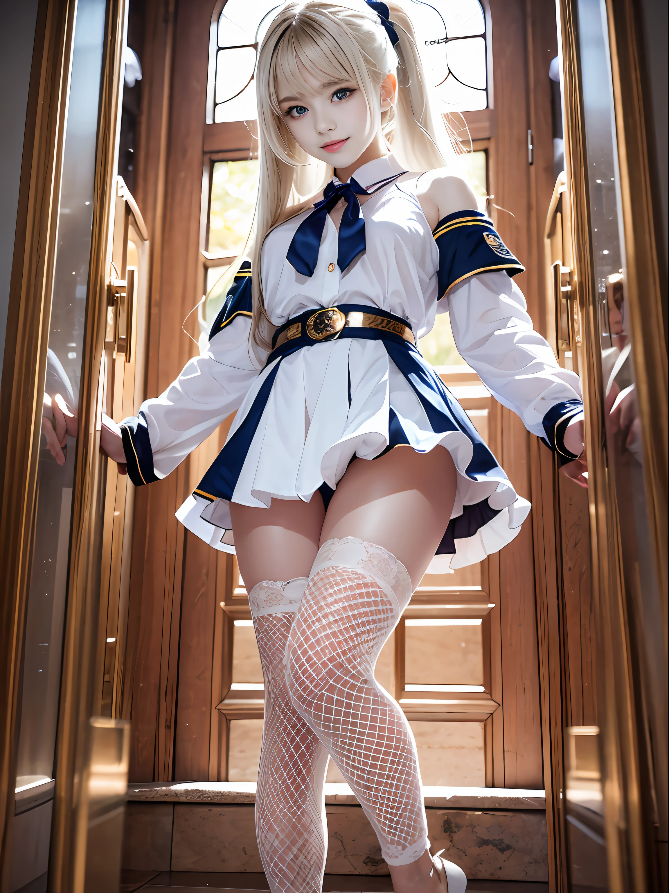 portlate、School Uniforms、bright expression、poneyTail、Young shiny shiny white shiny skin、Best Looks、Blonde reflected light、Platinum blonde hair with dazzling highlights、shiny light hair,、Super long silky straight hair、Beautiful bangs that shine、Glowing crystal clear attractive big blue eyes、Very beautiful nice cute 16 year old girl、Lush bust、with slit、((full body seen))、Beautiful face、