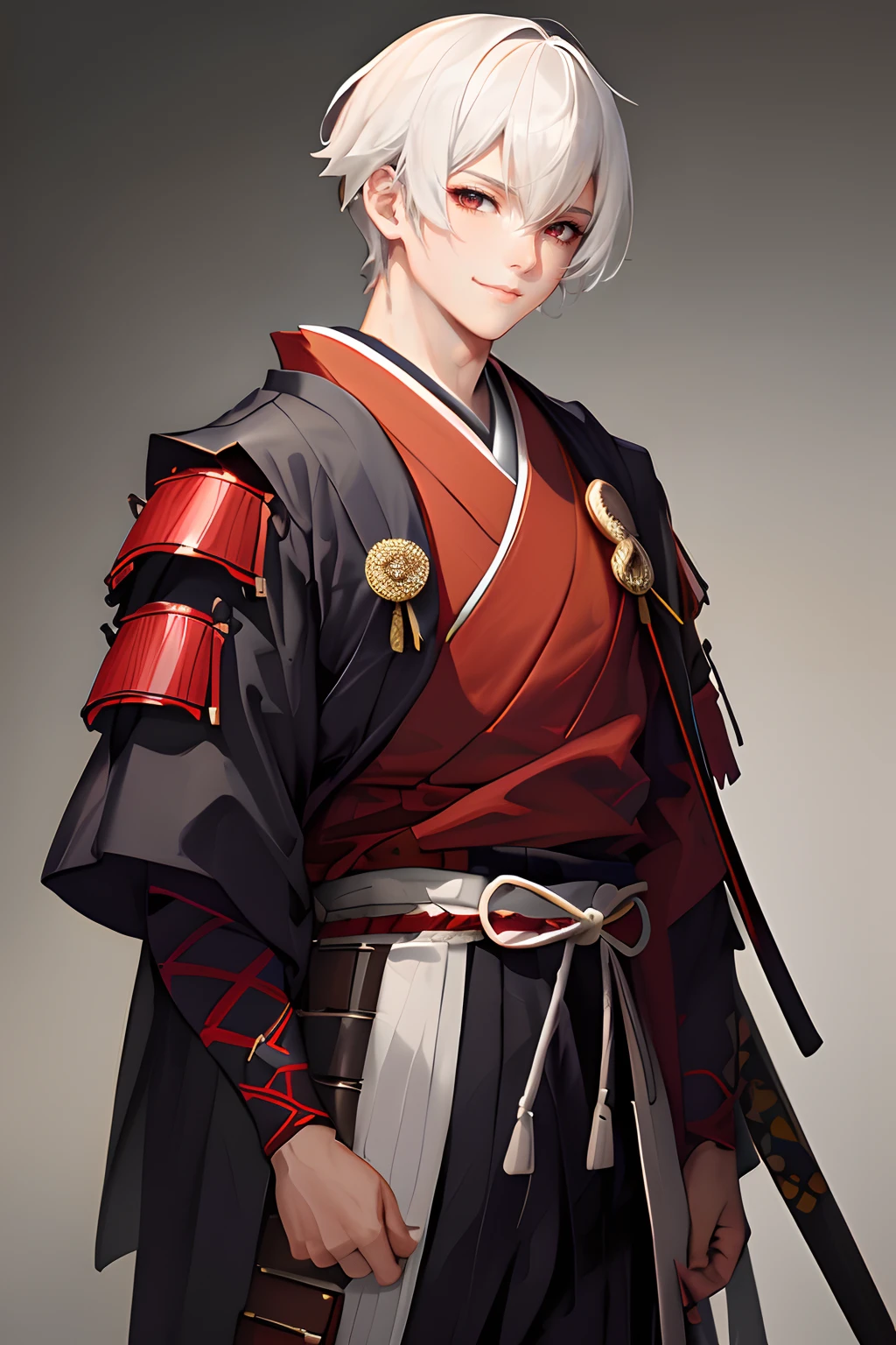 Personaje de anime con cabello blanco y traje rojo sosteniendo una espada, ojos rojos, sonriendo, rostro varonil, Vestido con el viejo uniforme de samurai, Chico guapo en el arte de Demon Slayer, Arte detallado del personaje de anime, Tendencias en ArtStation Pixiv, Usando armadura de kimono, Personaje masculino de anime, samurai outfit, Guweiz en Artstation Pixiv, Guweiz en Pixiv Artstation, Feudal Art of Japan, Arte Zerochan