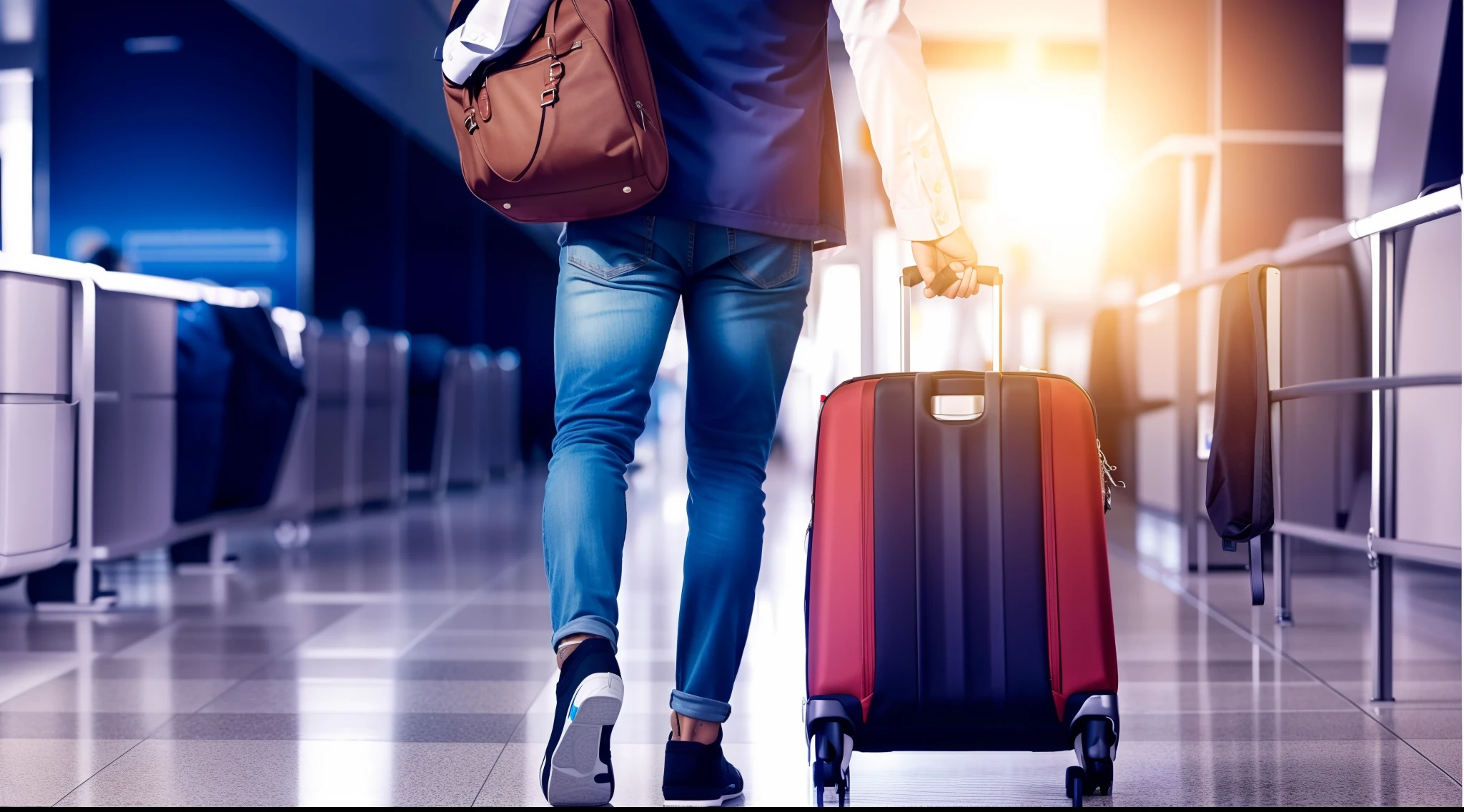Um homem, segurando uma mala, no aeroporto.