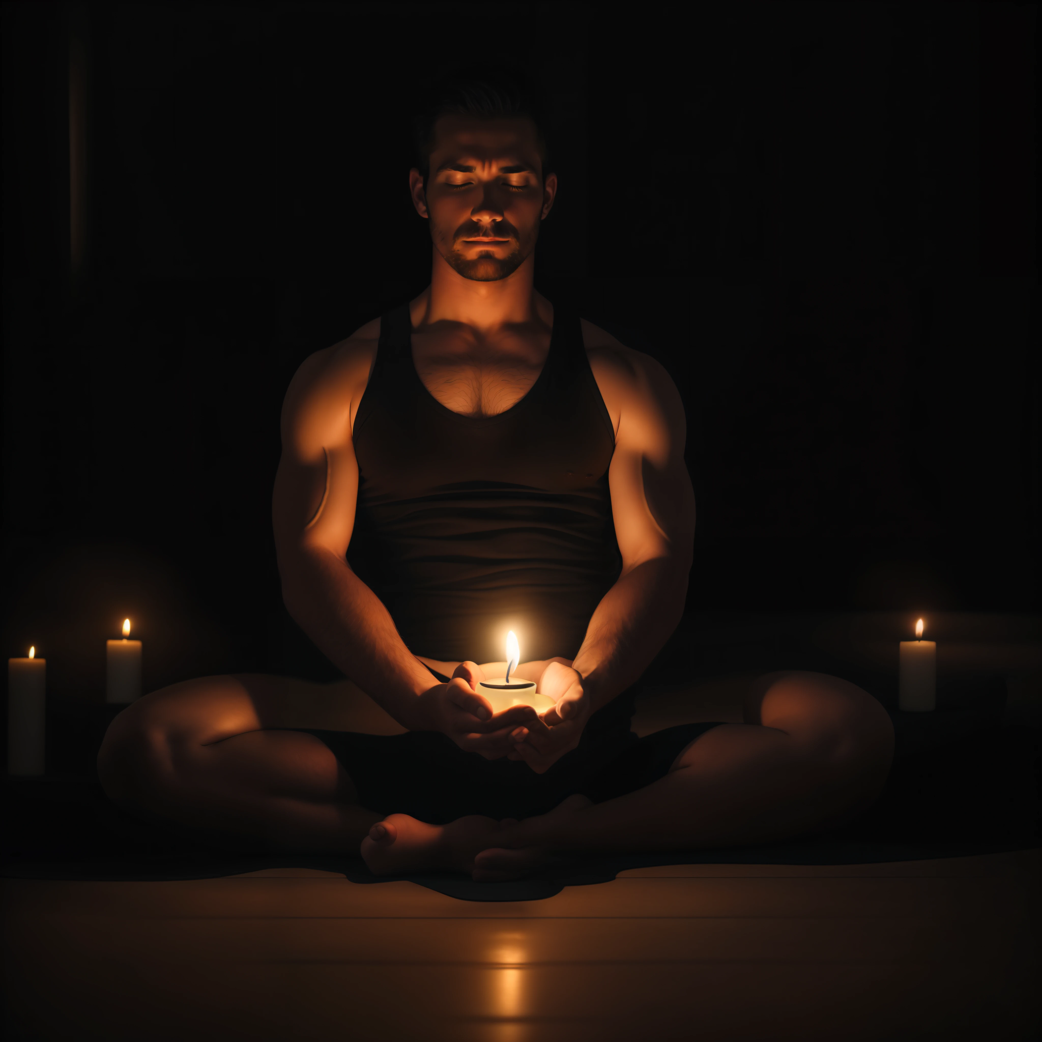 A silhouetted figure of a man in a seated meditation pose (such as the lotus position) with hands resting on the knees, palms up. atmosphere with a hint of mystical ambiance. The backdrop is dimly lit, possibly suggesting an indoor temple, with an ethereal white glow emanating around the figure. Smoke or Mist falling from above on the meditating figure , creating a dreamy and otherworldly atmosphere. Small flames or candles placed around the figure in a circular pattern, contributing to the mystical vibe and providing subtle lighting, with blue and orange hues from the flames and ambient lighting. The floor appears to be stone or tiled, wet and reflective, enhancing the mystical ambiance
