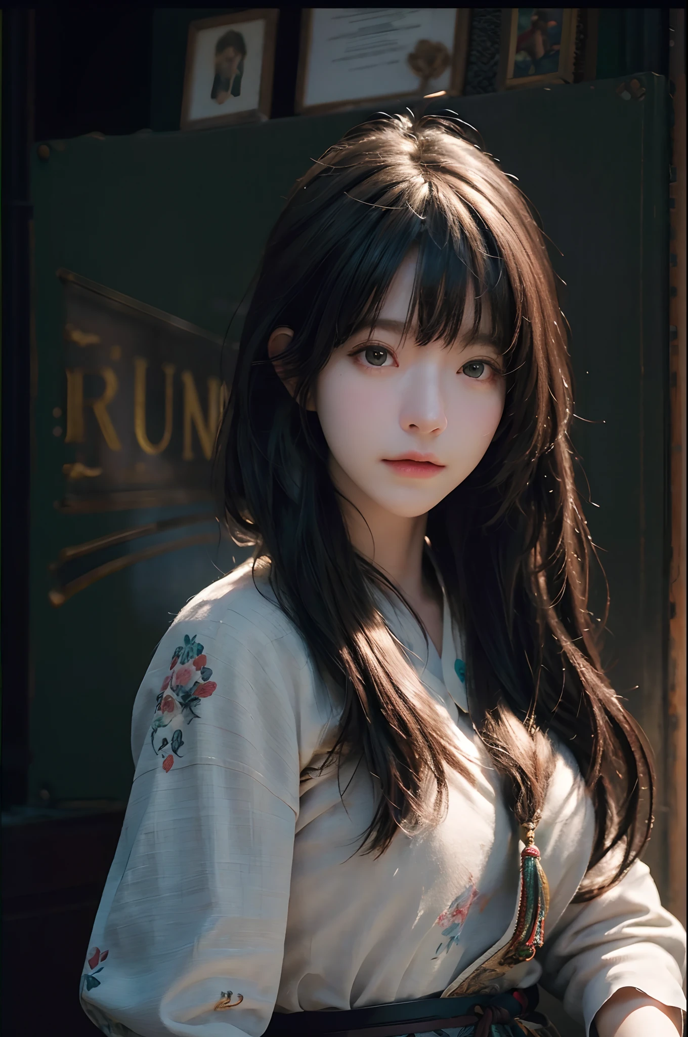 (RAW photo, best quality), (realistic, photo-realistic:1.3),best quality,highly detailed,masterpiece,ultra-detailed,illustration,1girl,upper_body,dynamic angle,world masterpiece theater,messy_long_hair,best quality,extremely detailed CG unity 8k wallpaper,ink,Amazing,cinematic lighting,lens_flare, dunhuang_style