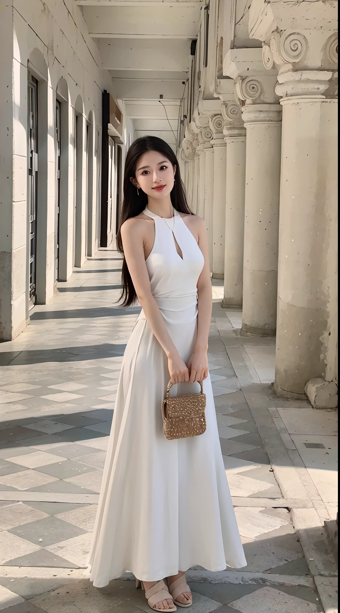 An Alafi woman in a white dress stands in the hallway with a purse, smooth white tight clothes suit, elegant white dress, with a thin waist, beautiful long white dress, white trendy clothes, Elegant dress, Wearing a white flowing dress, Long white dress, Gorgeous young Korean woman, white silky outfit, with white, in a long white dress, Dressed in elegant dresses
