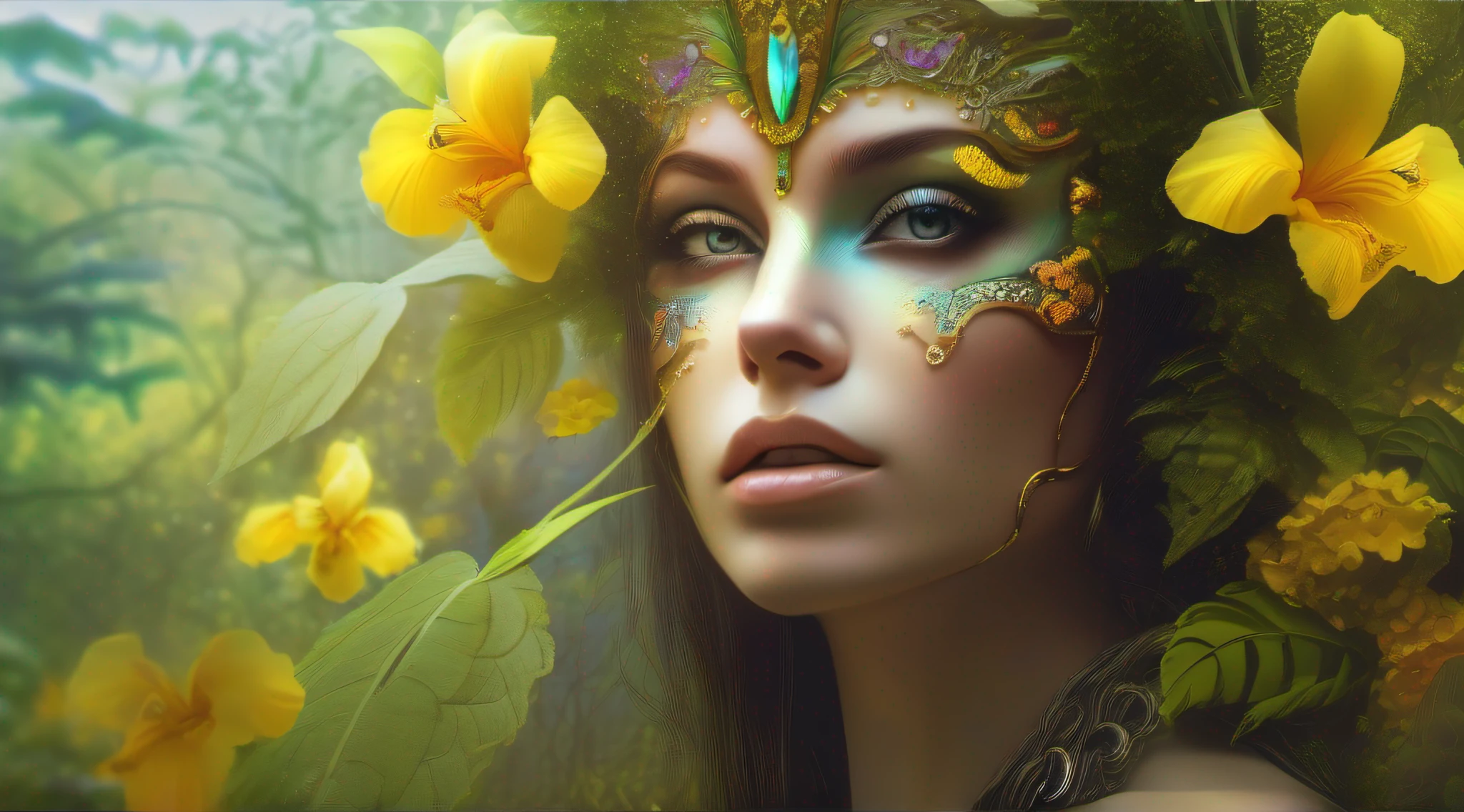 Uma mulher no meio da floresta, vestida com flores, beleza divina, eyes with yellow irises, deusa da selva, dense vegetation, fractal, magia, encantamento, fiction art, cores quentes, detalhes intrincados, 8k