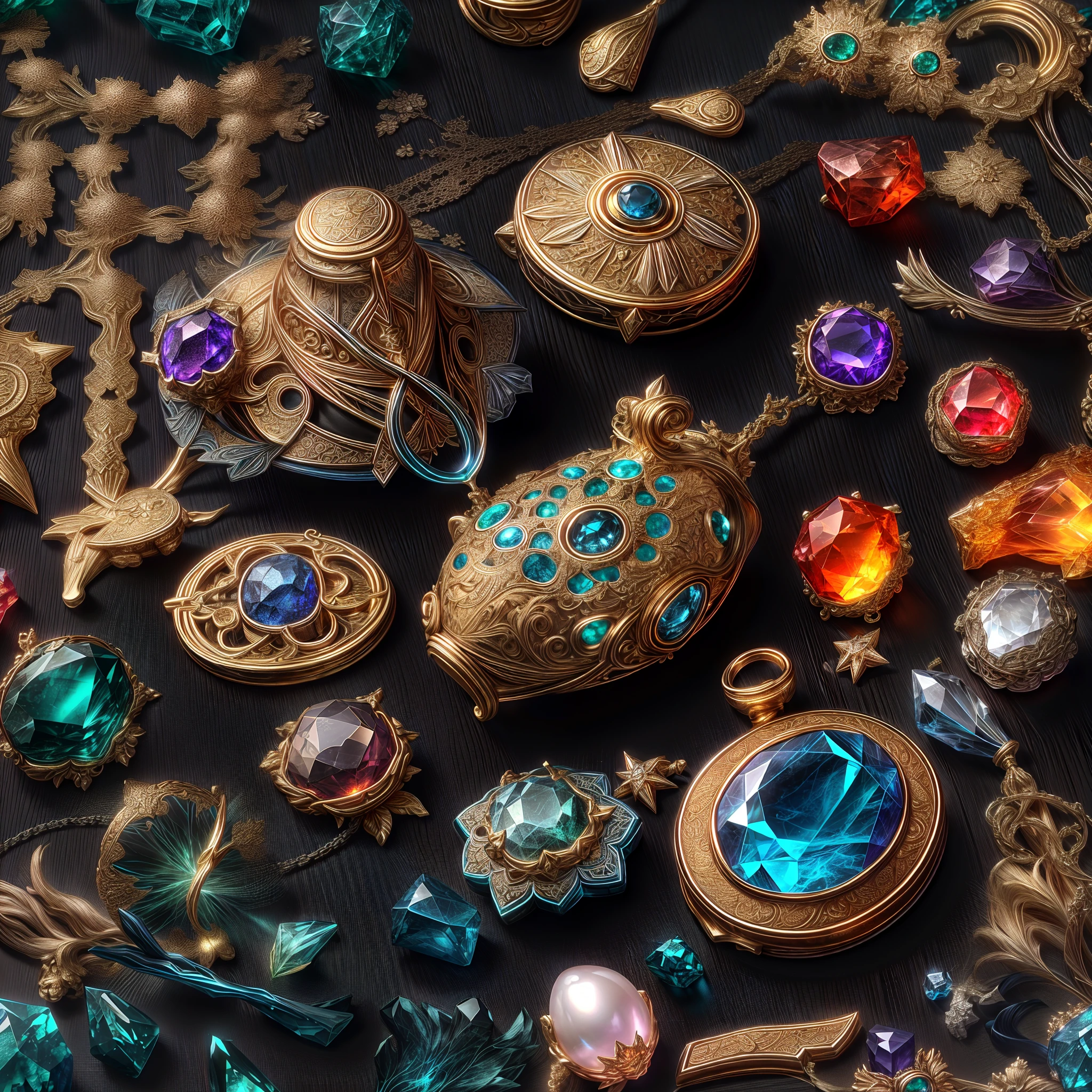 (byzantine Style: 1.2), (Full Focus: 2), (Everything in Display Cabinet: 1.3), (Magic Items | Colorful Gems | Cherry Blossoms | Printed Silk Products | Medals | Ores | Obsidian | Pearl | Emerald | White Jade | Amethyst | Sapphire | Gold Products | Silver Products | Purple Gold | Magical Jewelry | Antiques | Ruby | Orange Gem | Blue Gem | Topaz |: 2), Magic Symbols, Magic Particle Effects, High Tech Luxury, High Value Jewelry, High Value Metal, Luxury items, no puzzles, detailed and complex backgrounds, sparkling, reflective light, ultra high definition, award-winning, a high-resolution, high detail texture, contrast between light and dark, cinematic lighting, masterpieces, ray tracing, structurally correct, super details, high-quality, high detail, best quality, 16k