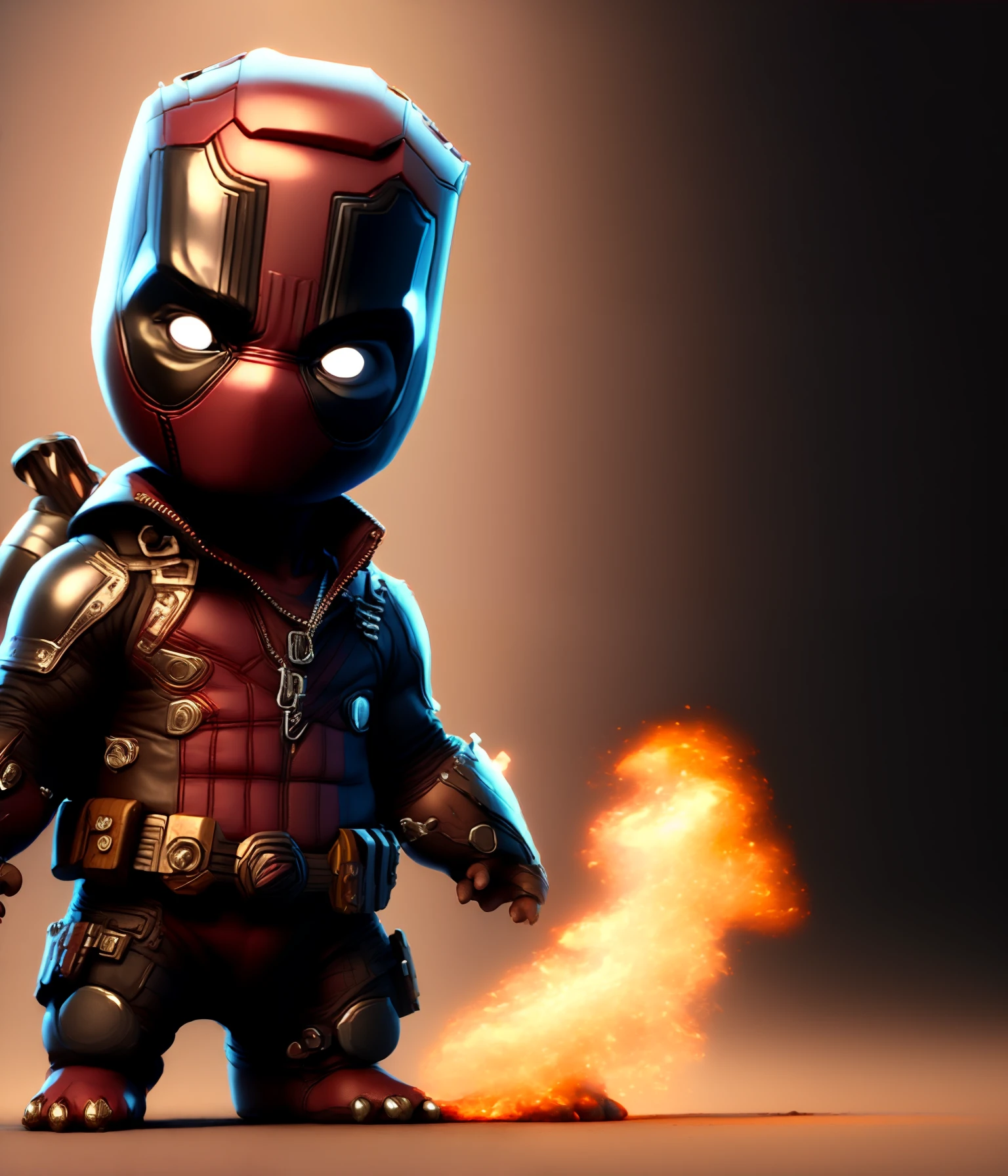 cinematic shot of realistic cute deadpool , surounded by fire, seamless, epic, cinematic, intricate detail, award winning, great lighting, shading, high quality, detailed