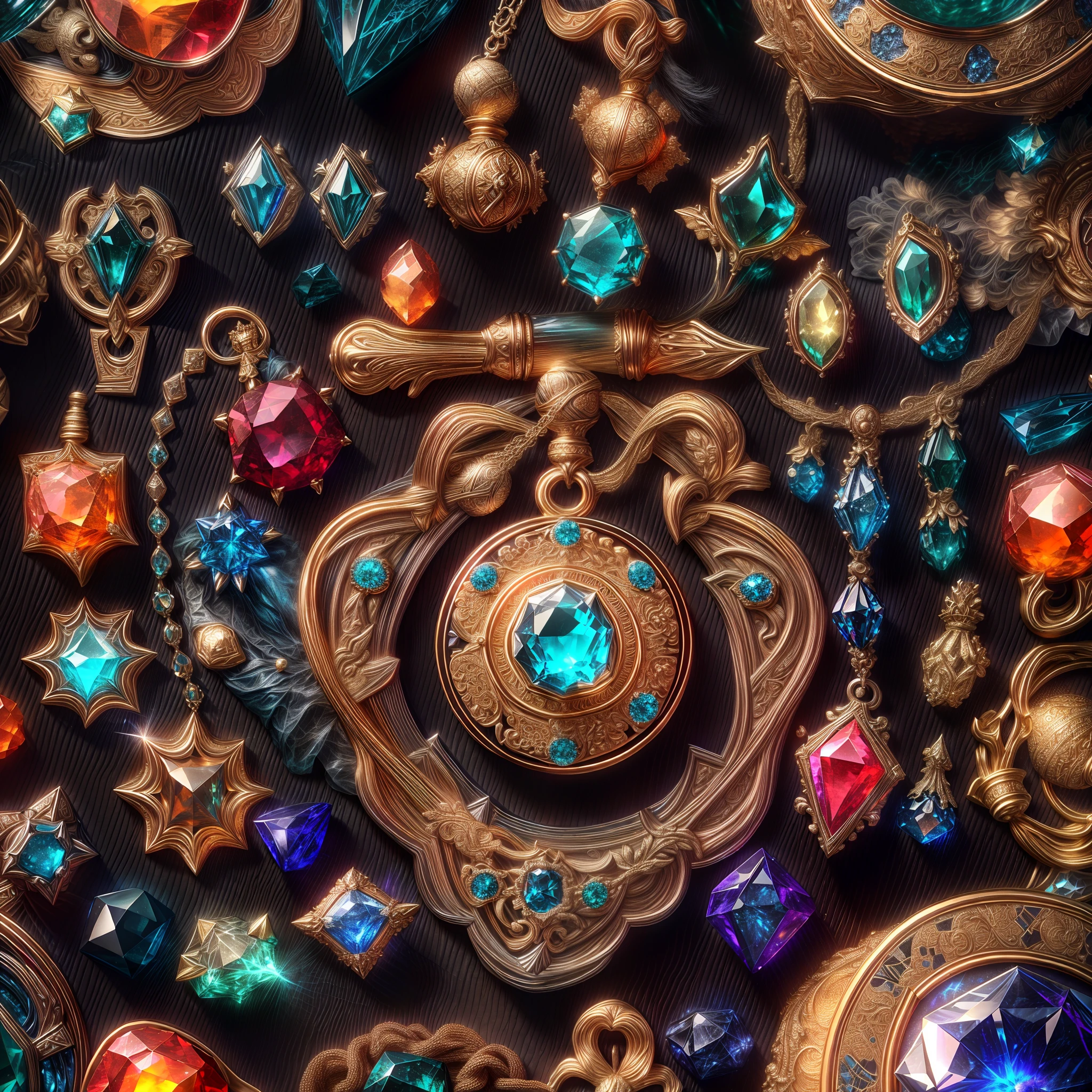 (byzantine Style: 1.2), (Full Focus: 2), (Everything in Display Cabinet: 1.3), (Magic Items | Colorful Gems | Cherry Blossoms | Printed Silk Products | Medals | Ores | Obsidian | Pearl | Emerald | White Jade | Amethyst | Sapphire | Gold Products | Silver Products | Purple Gold | Magical Jewelry | Antiques | Ruby | Orange Gem | Blue Gem | Topaz |: 2), Magic Symbols, Magic Particle Effects, High Tech Luxury, High Value Jewelry, High Value Metal, Luxury items, no puzzles, detailed and complex backgrounds, sparkling, reflective light, ultra high definition, award-winning, a high-resolution, high detail texture, contrast between light and dark, cinematic lighting, masterpieces, ray tracing, structurally correct, super details, high-quality, high detail, best quality, 16k