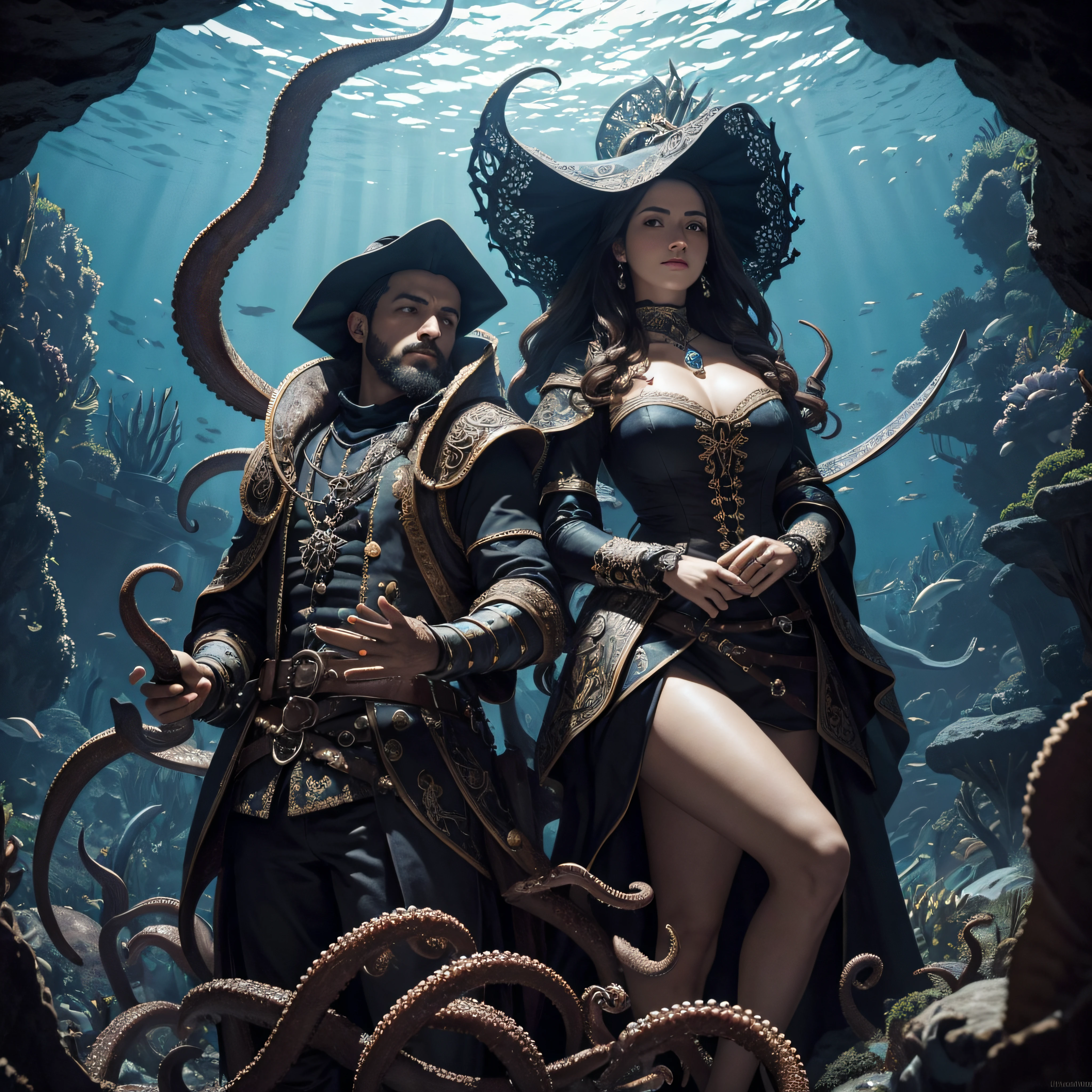 (extremadamente detallado, obra maestra, La mejor calidad), Estilo oscuro, intense illumination, rostro con arrugas, lengua larga, tentacle, deforme, monstruoso, interior de una piscina de agua verdosa, imagen submarina, alien con Colmillos finos, pico de pulpo amenazante. manchas de tinta. Rococo composition. Luz de caravaggio