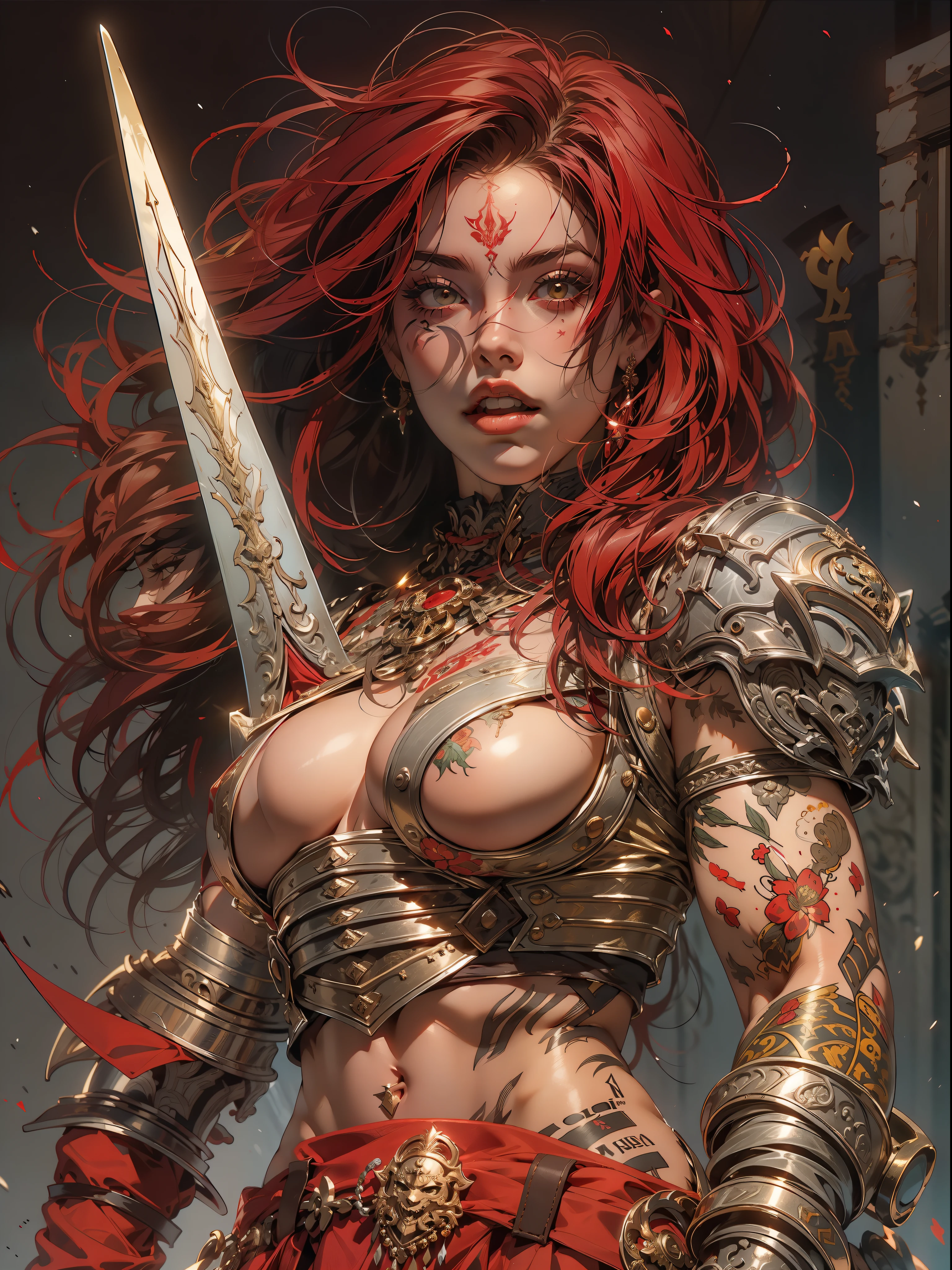 (((mulher))), (((melhor qualidade))), (((obra prima))), (((adulta))), Uma guerreira mulher loira de 35 anos com corpo perfeito, Brooklyn Gladiators, (( under boobs )), quase nua no estilo selvagem urbano de Simon Bisley para a capa da revista Heavy Metal, cabelo loiro, Minimum clothing, red and white checkered pattern, armadura, cheio de pontas e rebites, tatuagem tribal, (((do joelho pra cima))), cabelo desalinhado