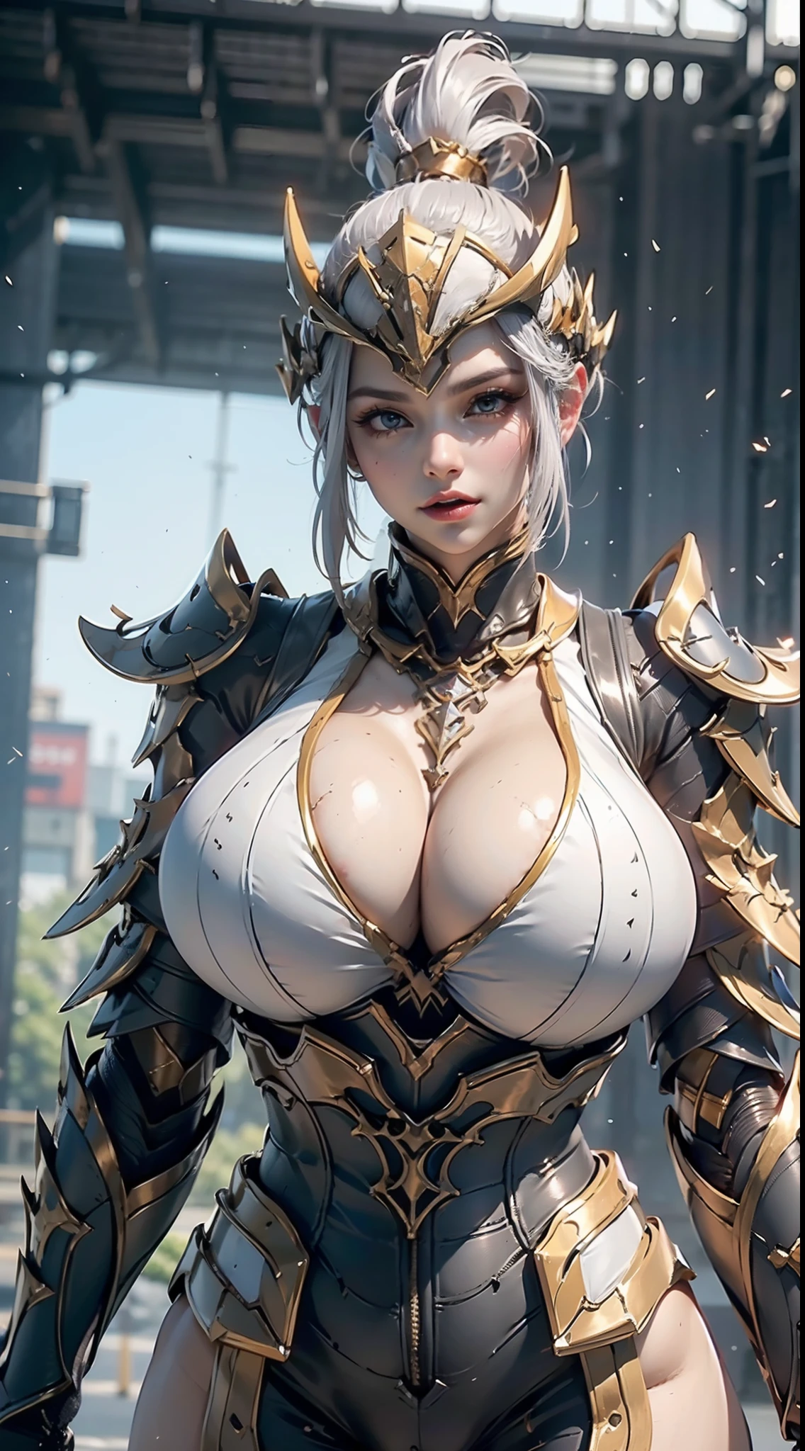 ((Unreal Engine 5)), Realistic Rendering, Excellent, (Full armor body), (Cloak), (helm), looking on camera, standing on studio, beautiful face, makeup, CGImix, (photorealism:1.2), ultrarealistic uhd face, (huge fake boobs:1.4), (gigantic breasts:1.1), (muscle abs), (big butt), (wide hips), (thick thighs), slim waist, hourglass figure, half body, ((glowing skin)), ((shiny skin)), Realistic body, ((she is sexy body)), ((clean skin)), photorealistic, bokeh, motion blur, masterpiece, highres, 1080P, super detail, textured skin.