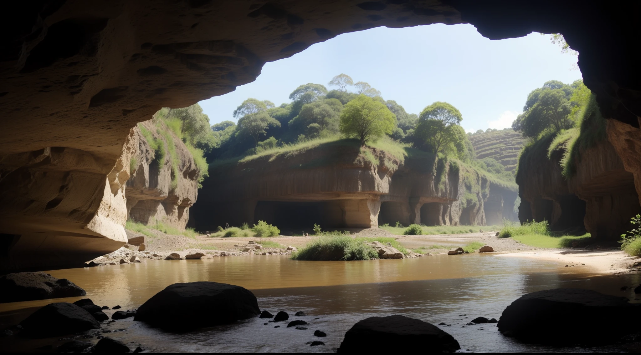 a civilization, pre historica das cavernas, in an environment near a river with plantations and carvena
