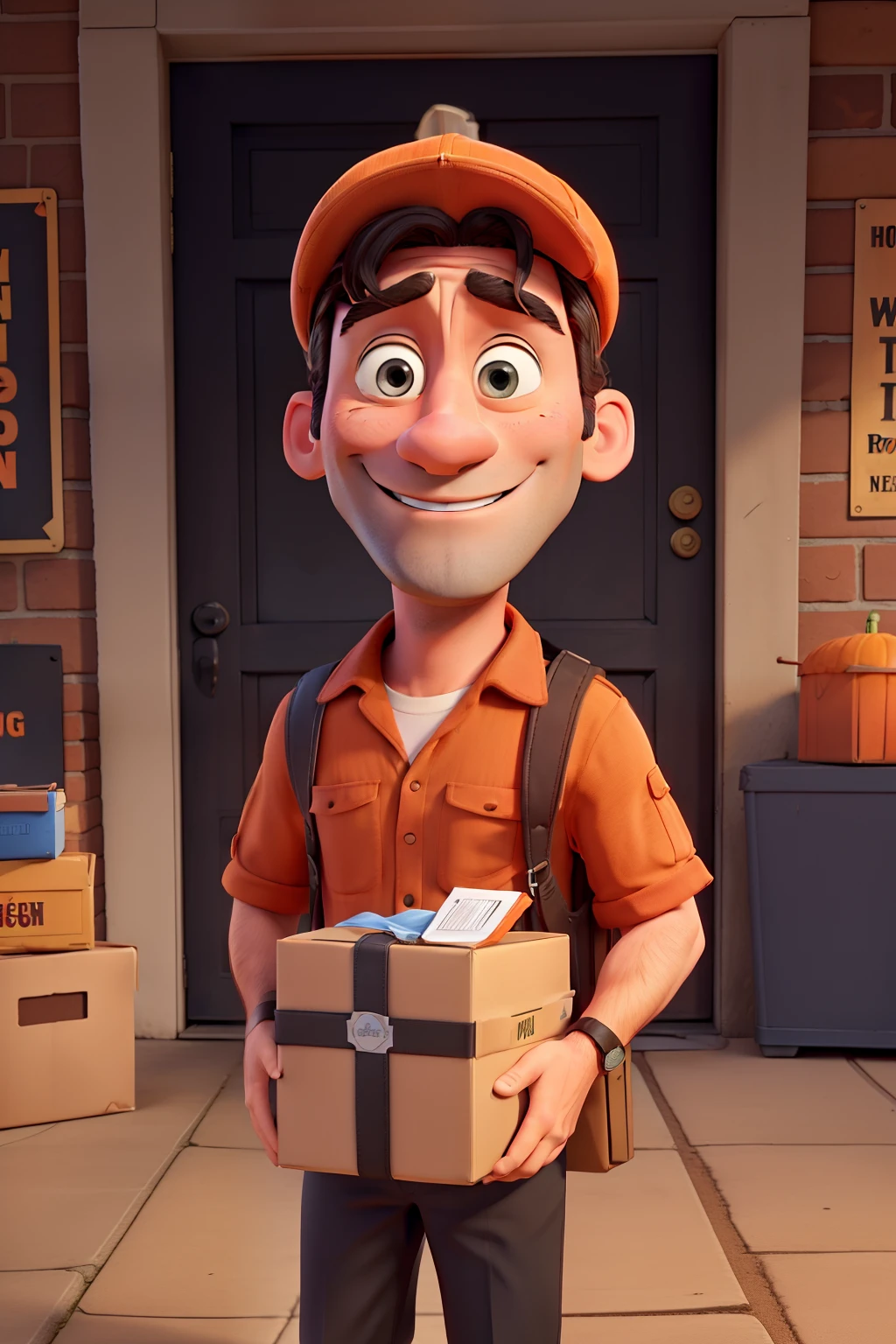 Jon Hamm: cartoon dressed as postman an orange shirt and black pants and cap and shoe, holding a large cardboard box with both hands and smiling;